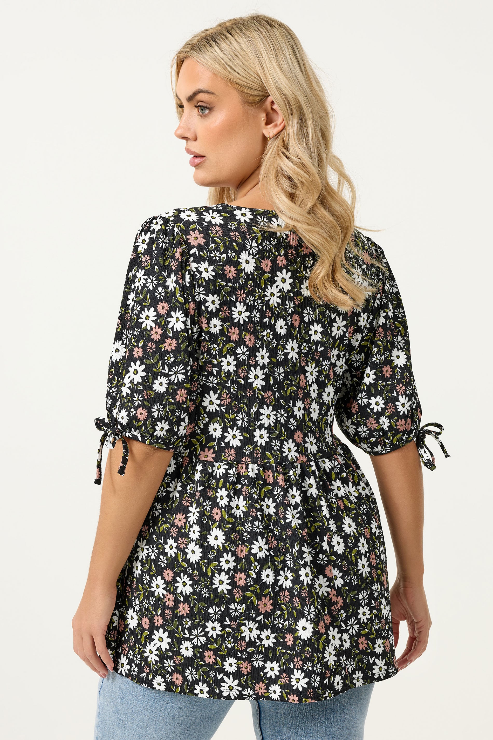 YOURS Plus Size Black Floral Bow Front Peplum Top | Yours Clothing 2