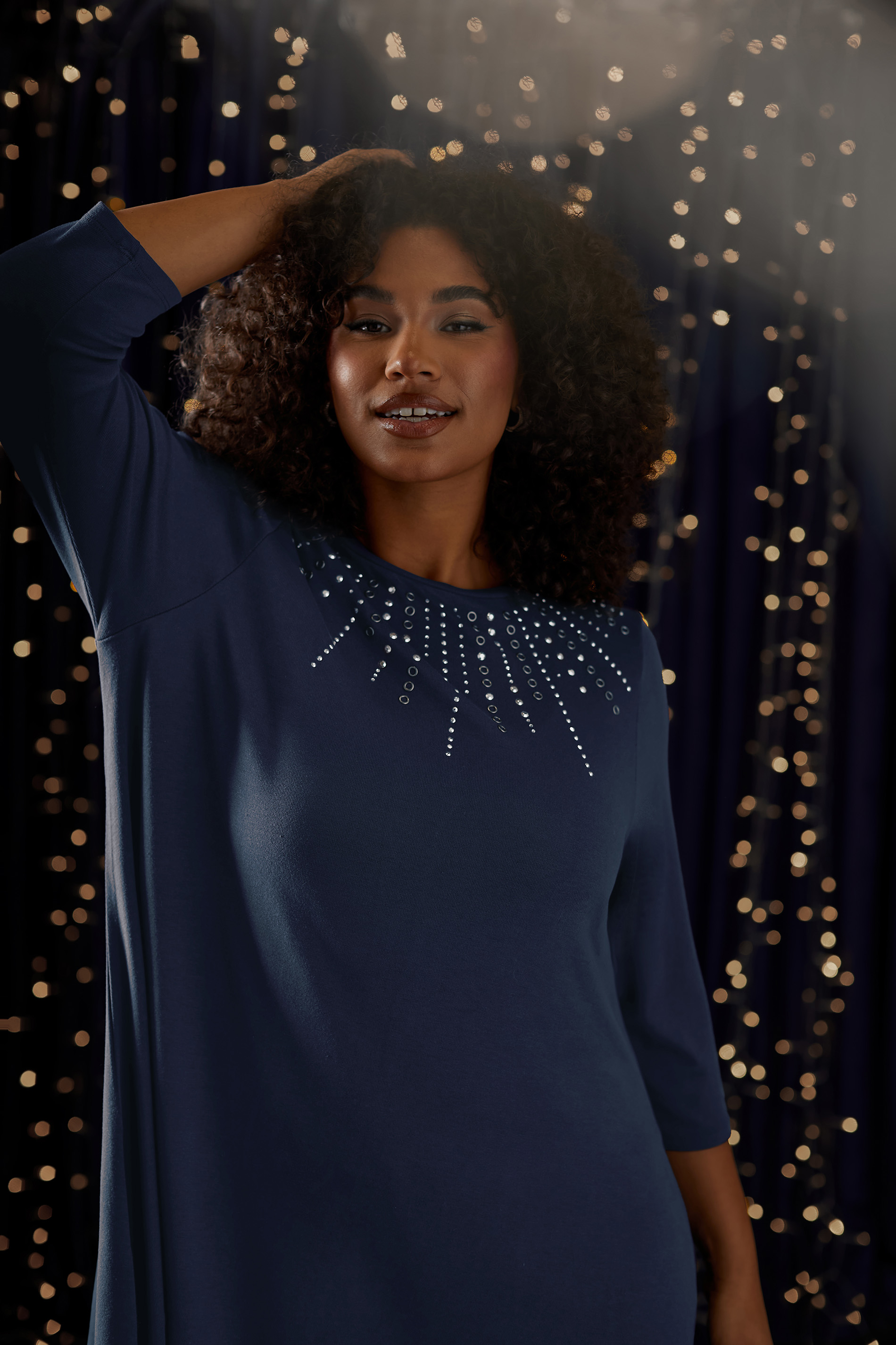 EVANS Plus Size Navy Blue Sequin Embellished Longline Top | Evans 1