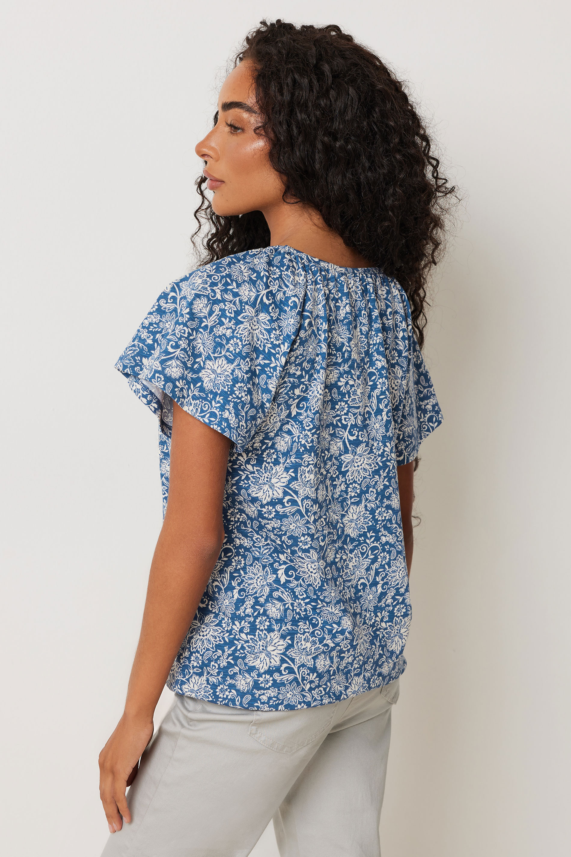 M&Co Petite Blue Floral Print Cotton Scoop Neck T-Shirt | M&Co 2