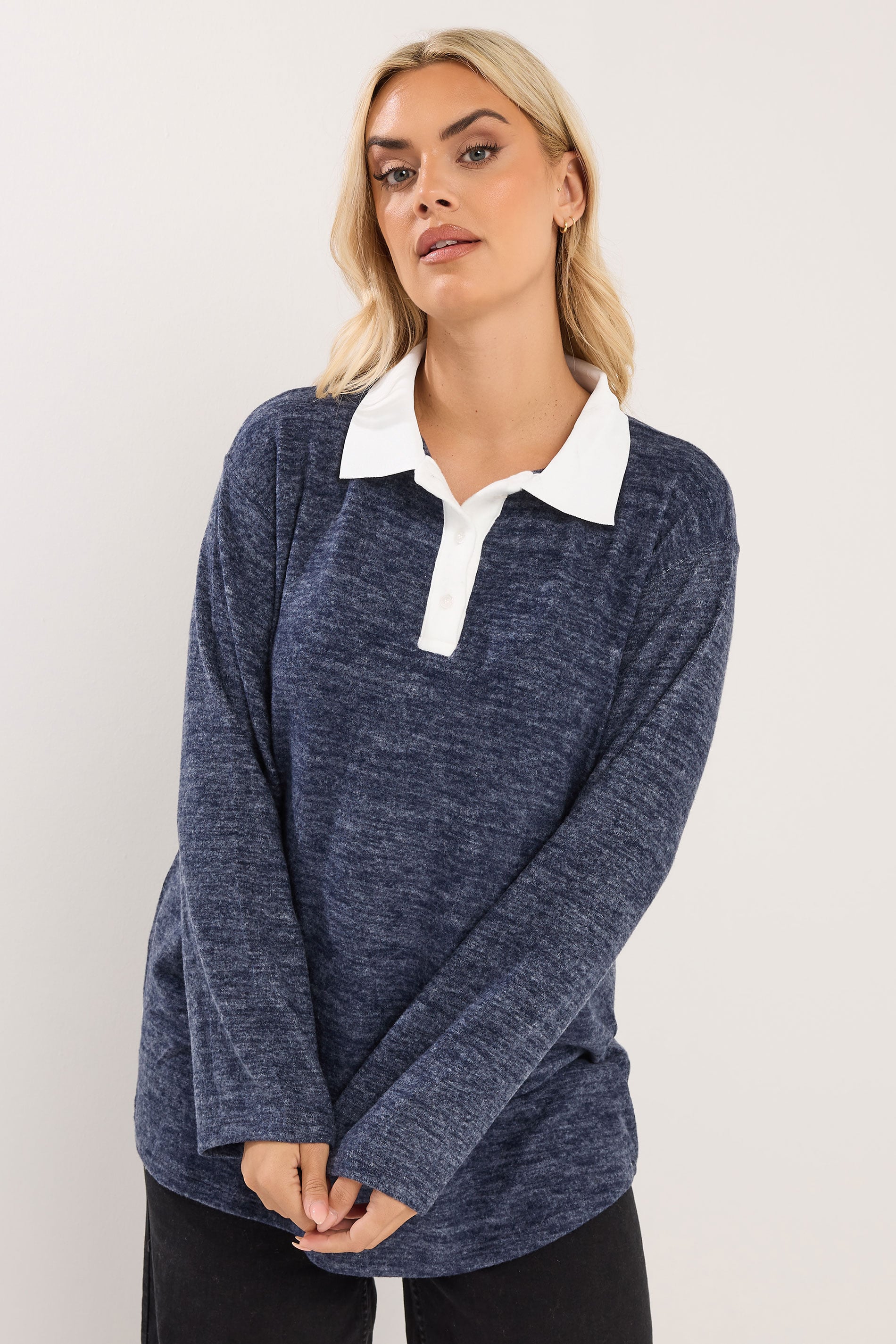 YOURS Plus Size Navy Blue Rugby Collar Soft Touch Top | Yours Clothing 1