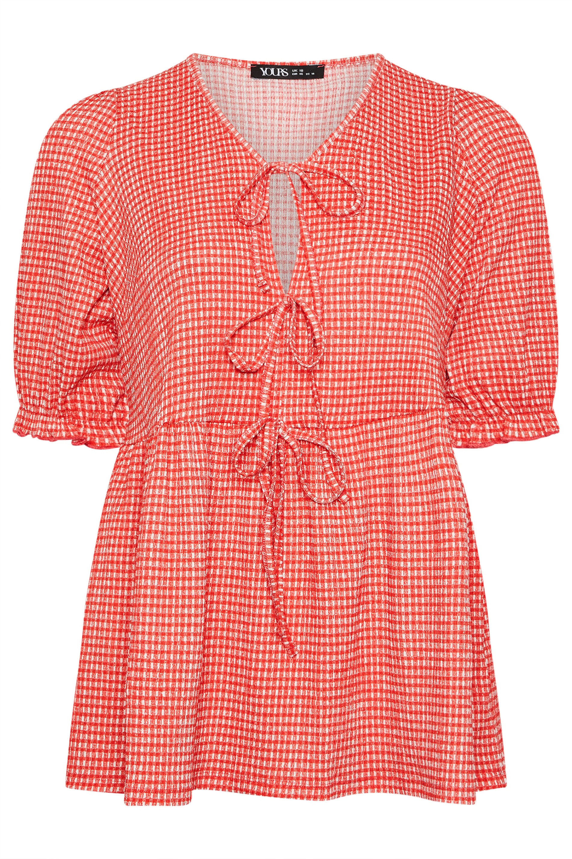 YOURS Plus Size Red Gingham Bow Tie Front Peplum Top | Yours Clothing 5