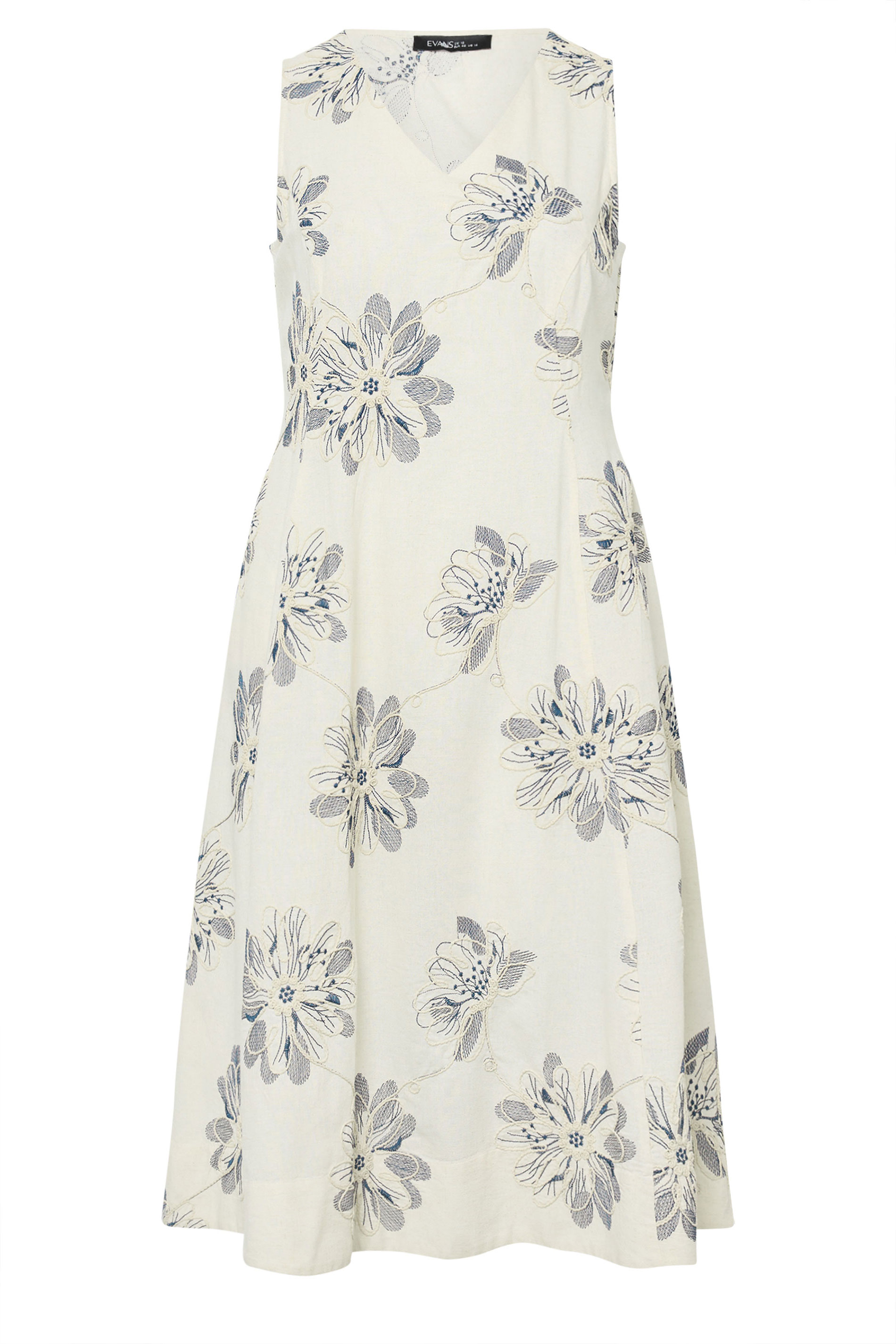EVANS Plus Size Cream Embroidered Floral Linen Midi Dress | Evans 6