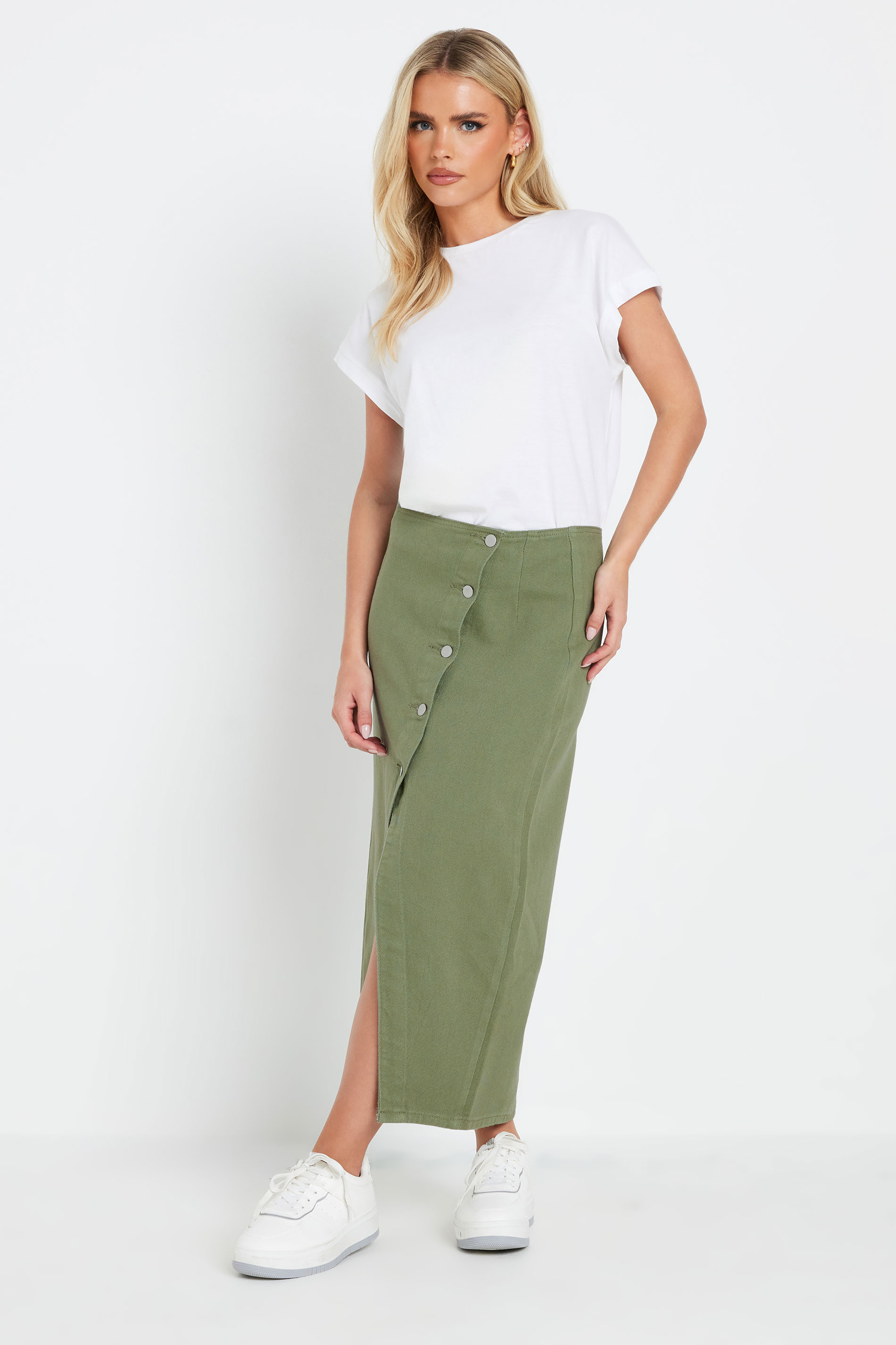 PixieGirl Petite Women's Khaki Green Denim Asymmetric Button Midi Skirt | PixieGirl 1