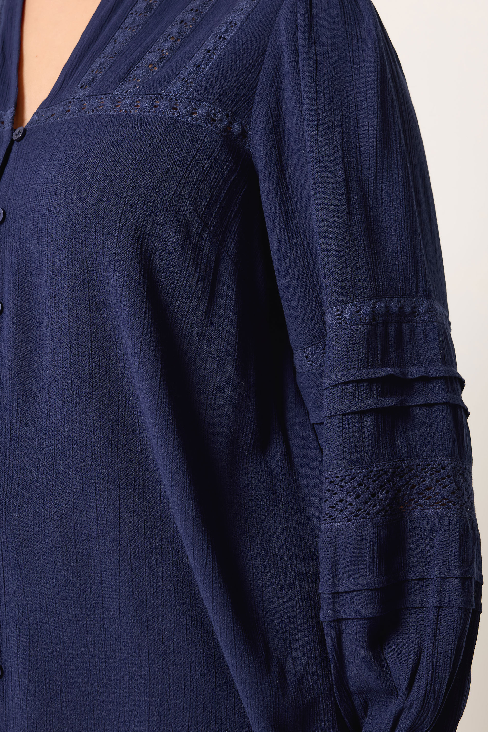 YOURS Curve Navy Blue Notch Neck Crochet Blouse | Yours Clothing  4