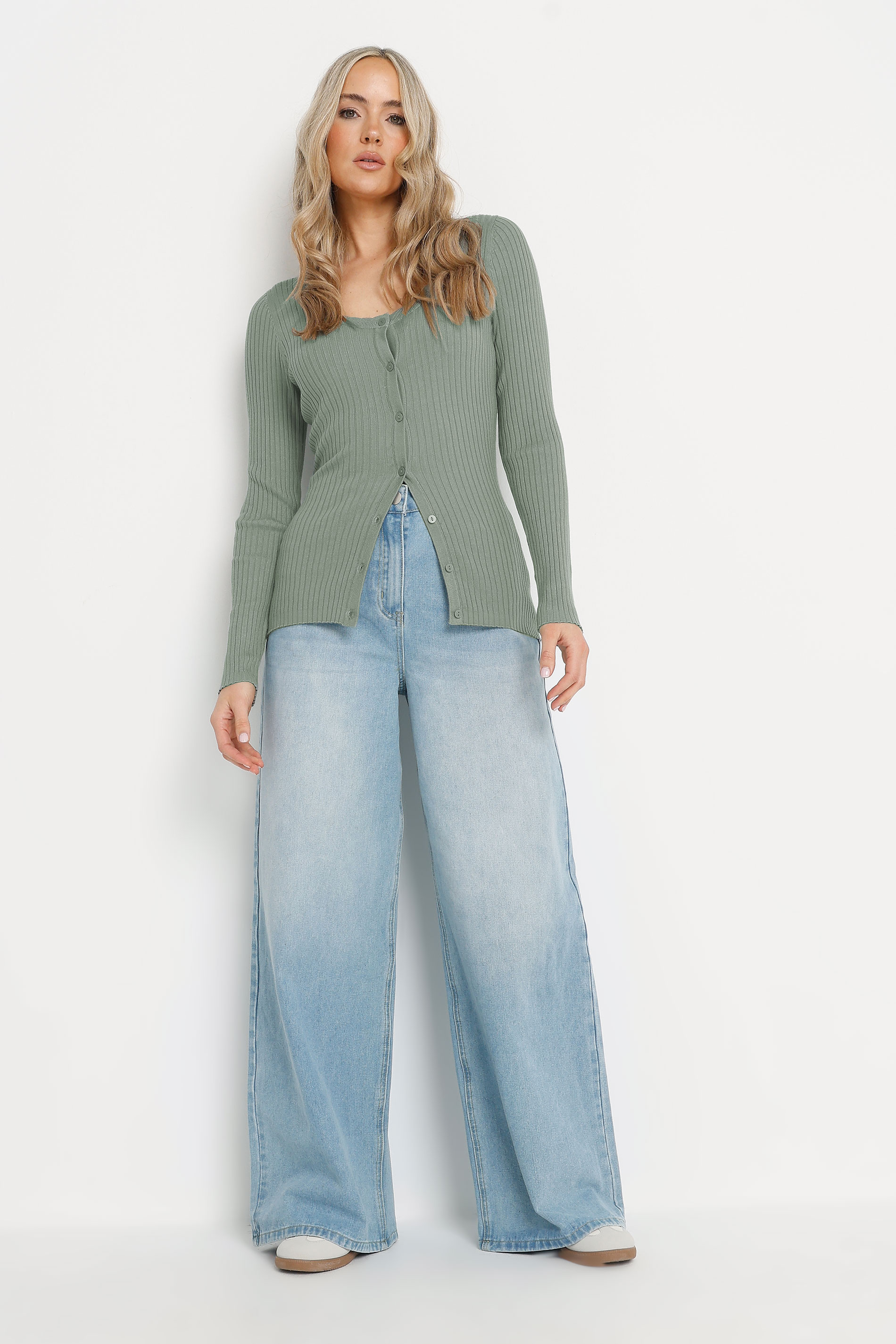 LTS Tall Sage Green Ribbed Scallop Hemline Cardigan | Long Tall Sally 1