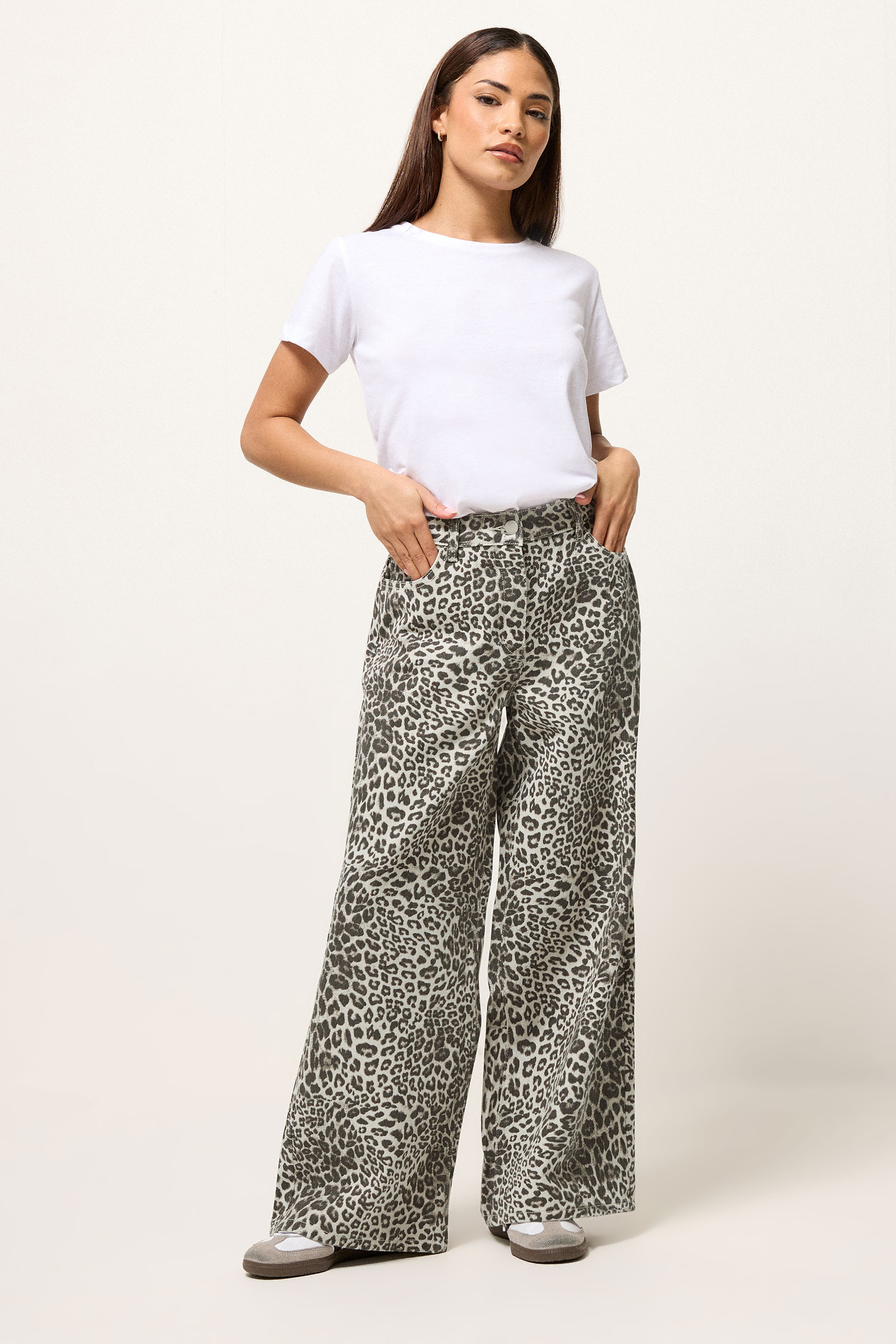 PixieGirl Petite Women's Light Brown Leopard Print Wide Leg Jeans | PixieGirl 2