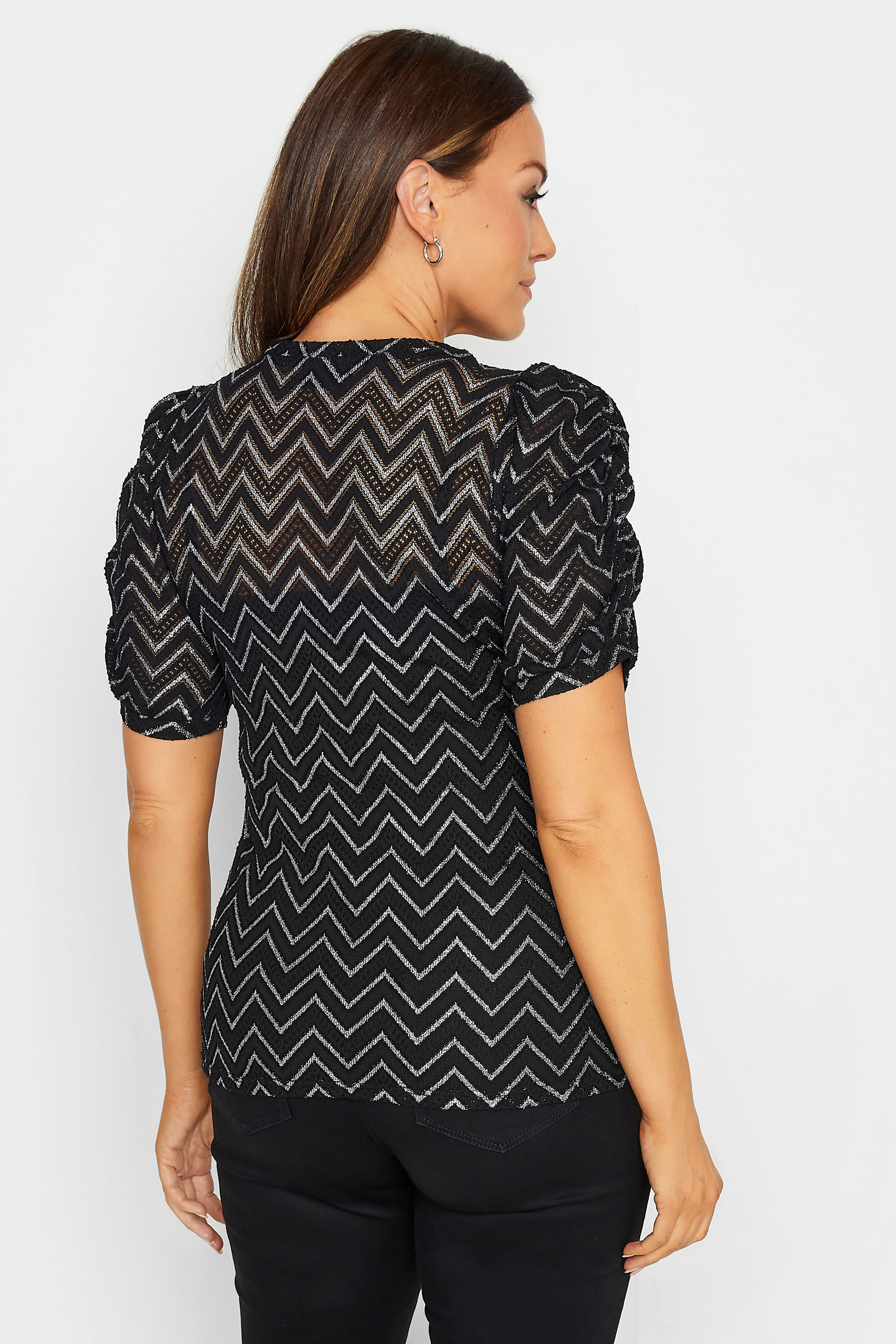 M&Co Black & Silver Glitter Chevron Ruched Sleeve Blouse | M&Co 3