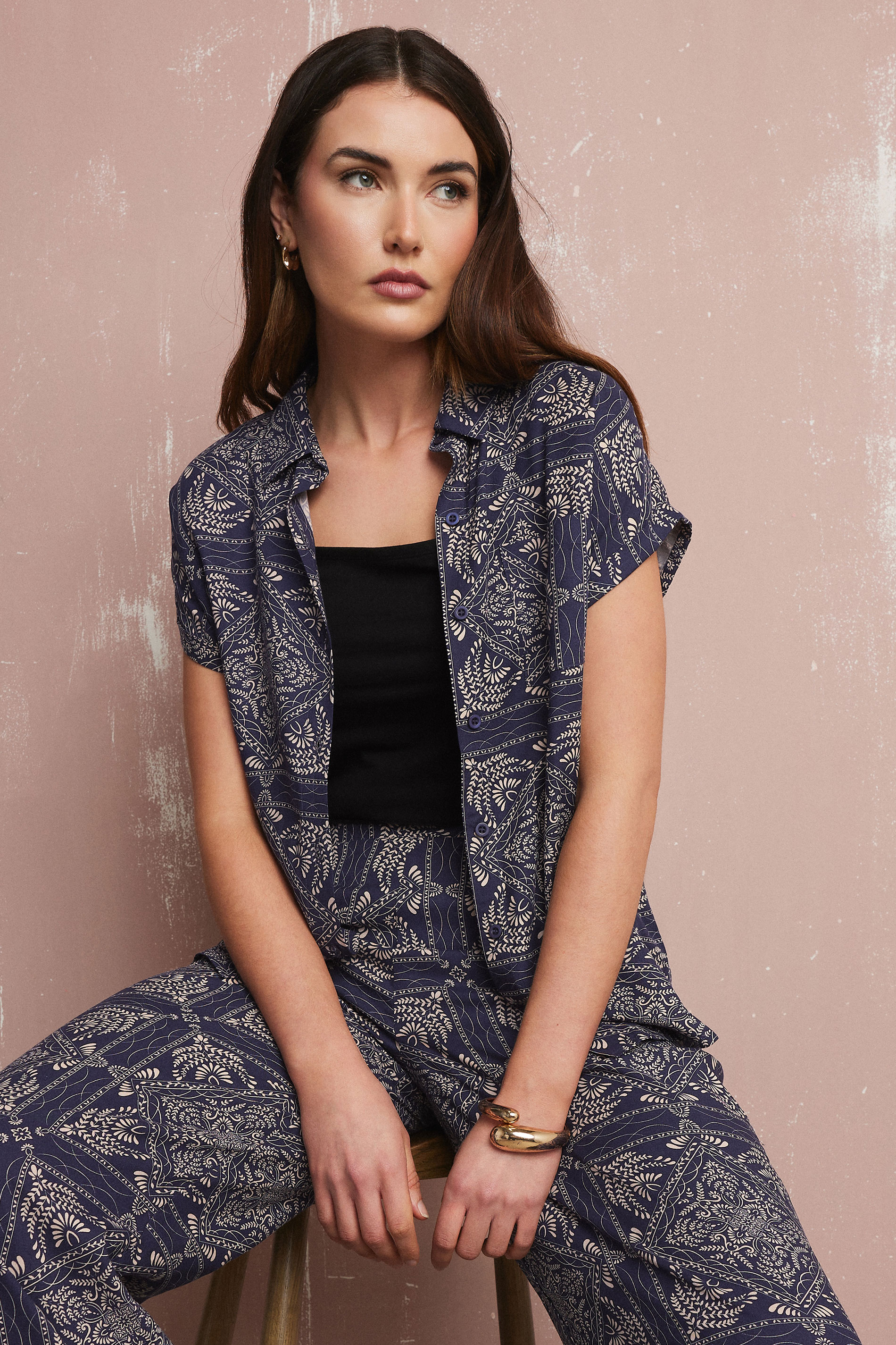 LTS Tall Navy Blue Tile Print Button Shirt | Long Tall Sally 1