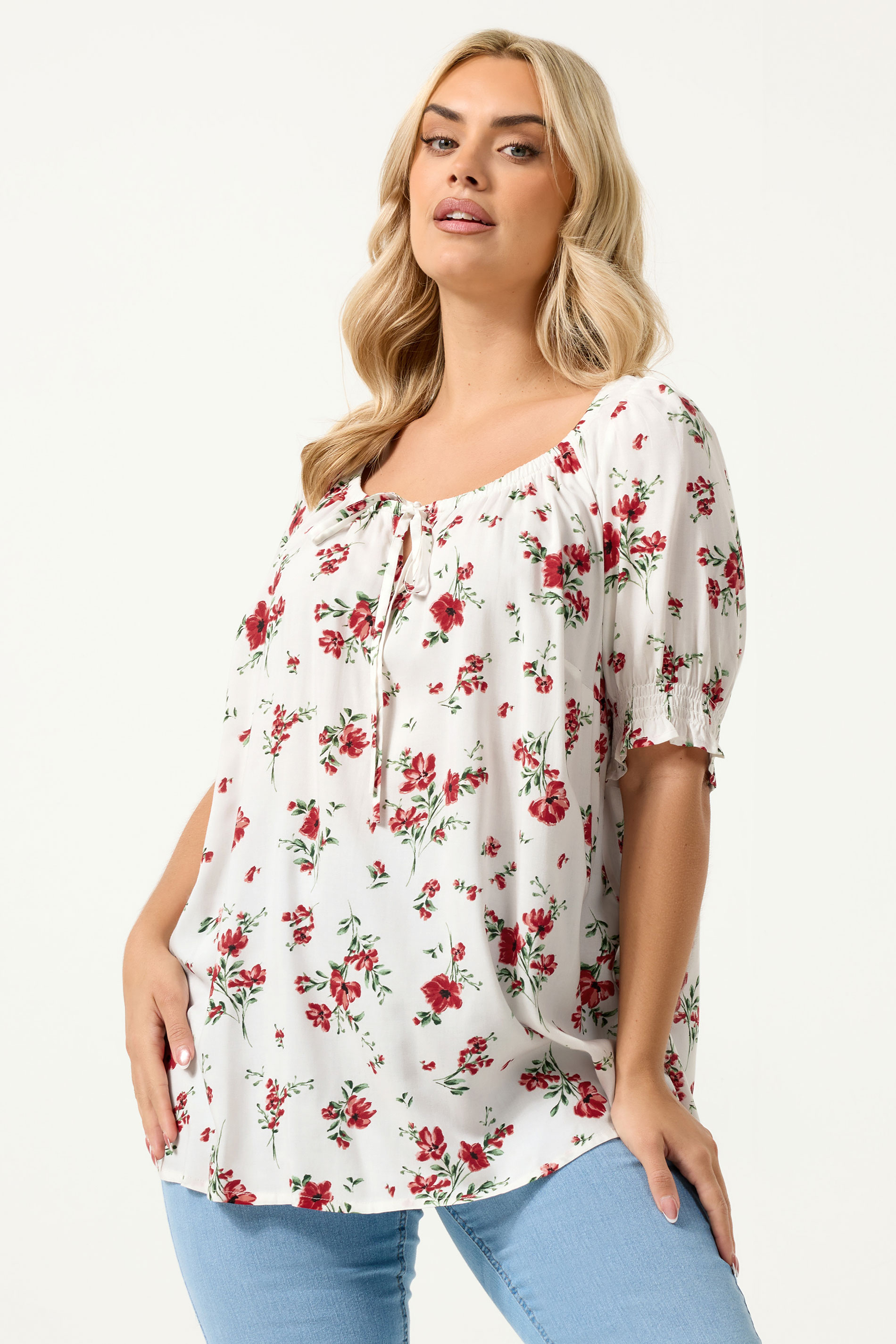 YOURS Plus Size White Floral Print Tie Neck Top | Yours Clothing 3