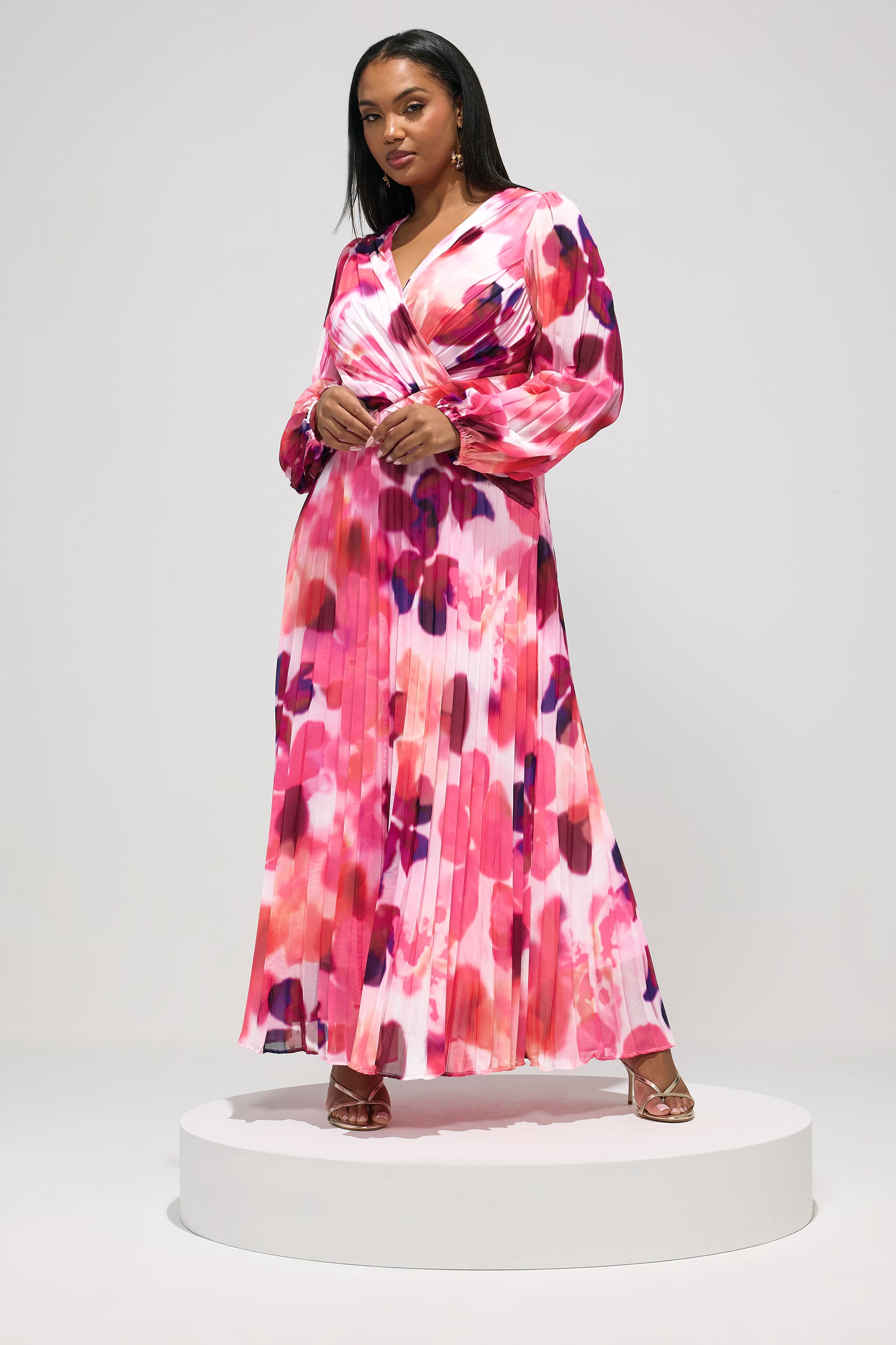 YOURS LONDON Plus Size Pink Abstract Pleated Dress | Yours Clothing 1