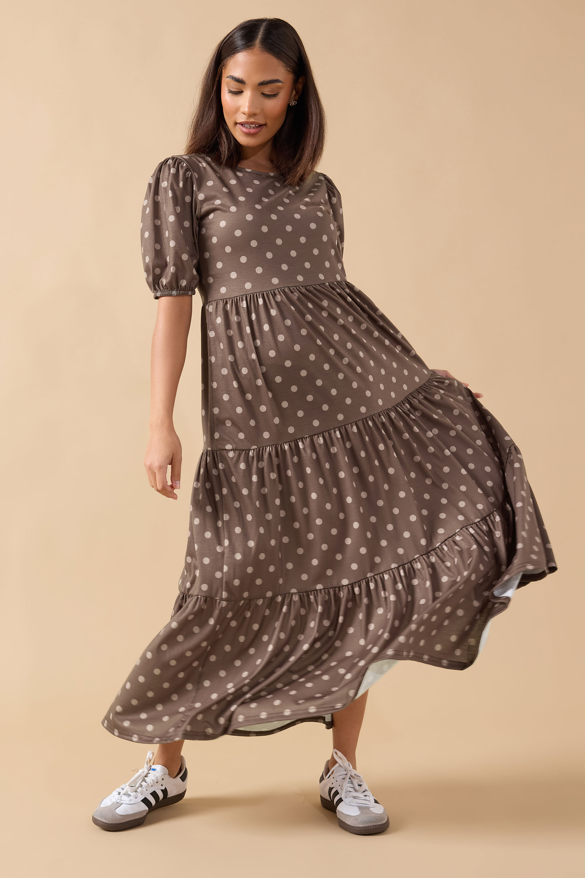 PixieGirl Petite Women's Chocolate Brown Polka Dot Tiered Dress | PixieGirl 1
