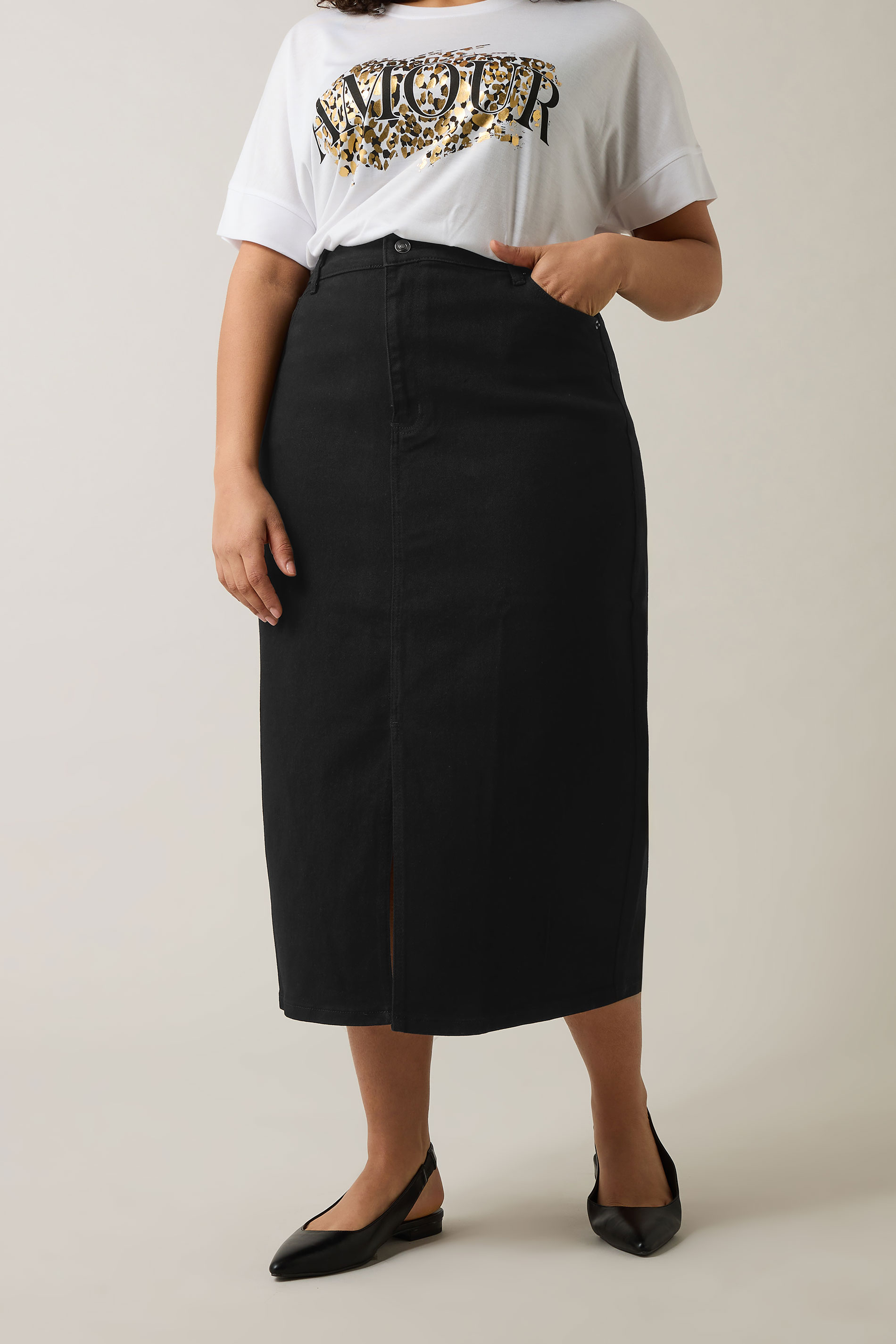 EVANS Plus Size Black Split Hem Denim Midi Skirt | Evans 1