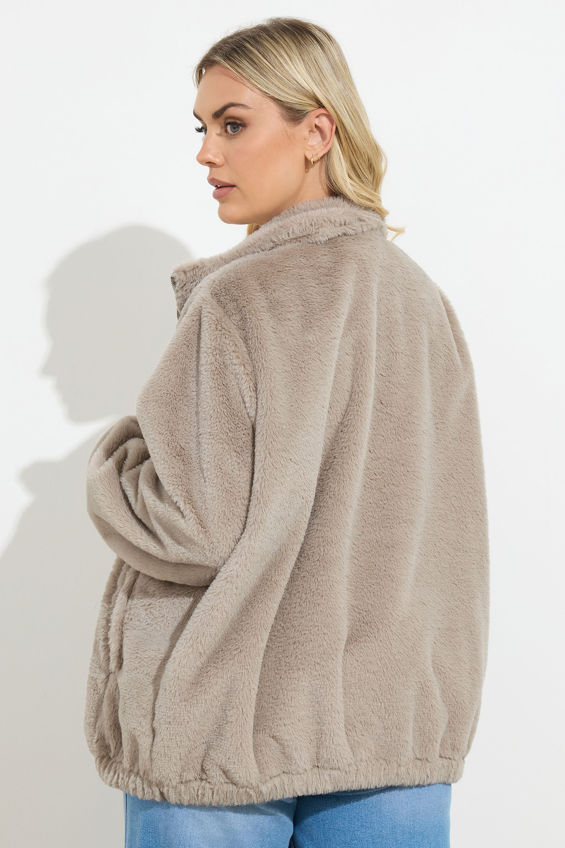 YOURS Plus Size Natural Brown Faux Fur Fleece Jacket | Yours Clothing 2