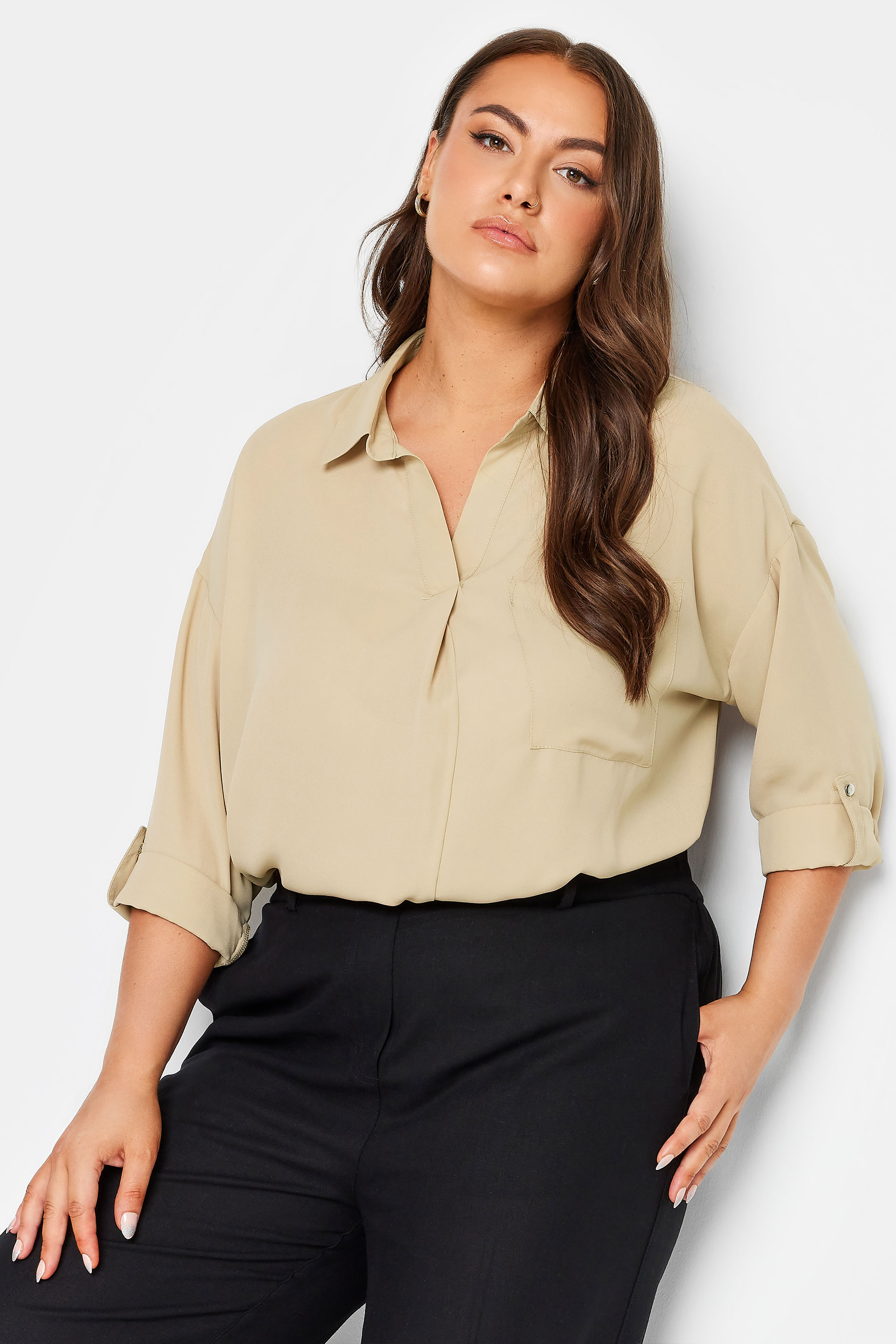 YOURS Plus Size Beige Brown Half Placket Collared Blouse | Yours Clothing 1