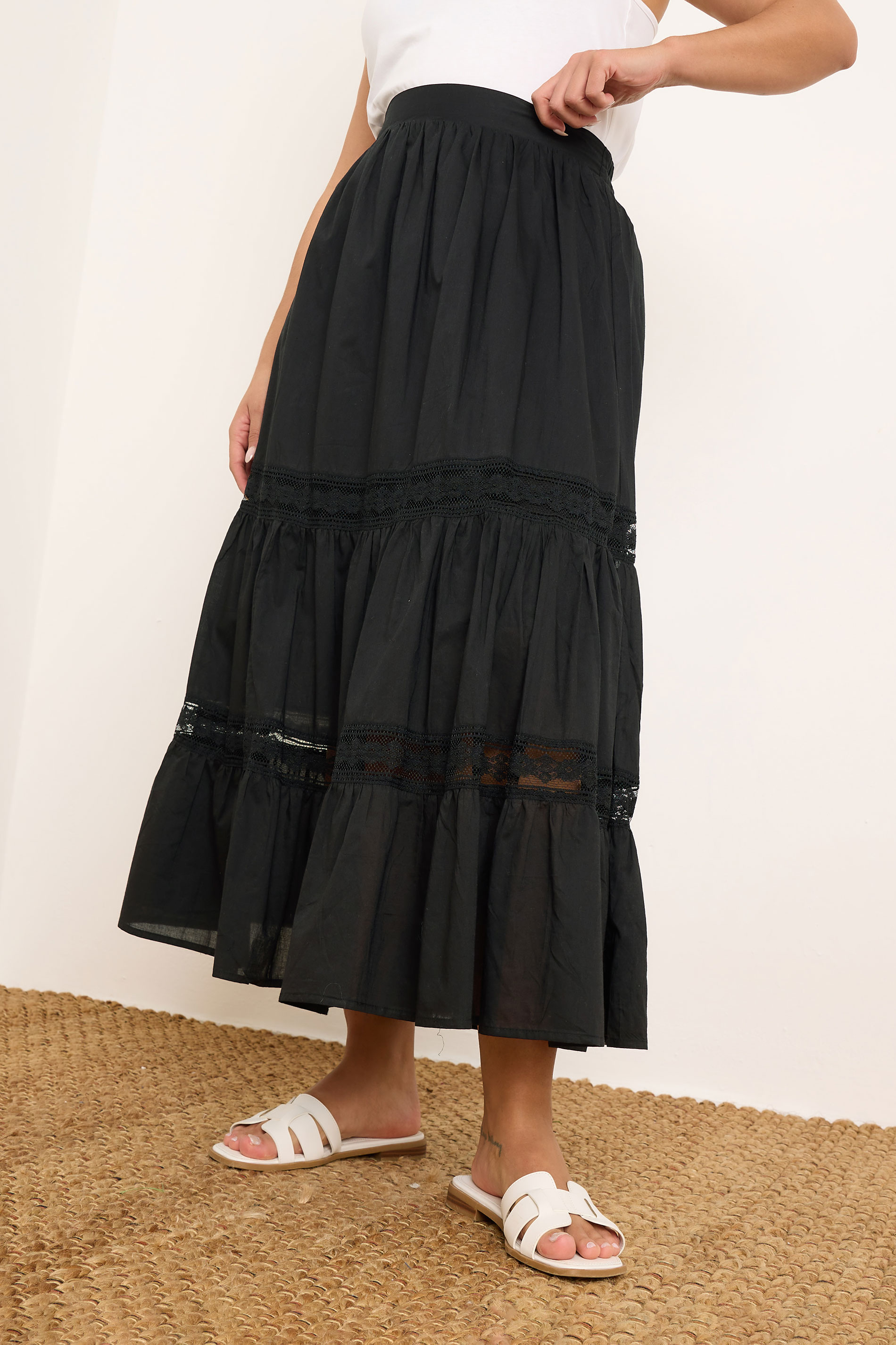YOURS Plus Size Black Cotton Tiered Maxi Skirt | Yours Clothing 1