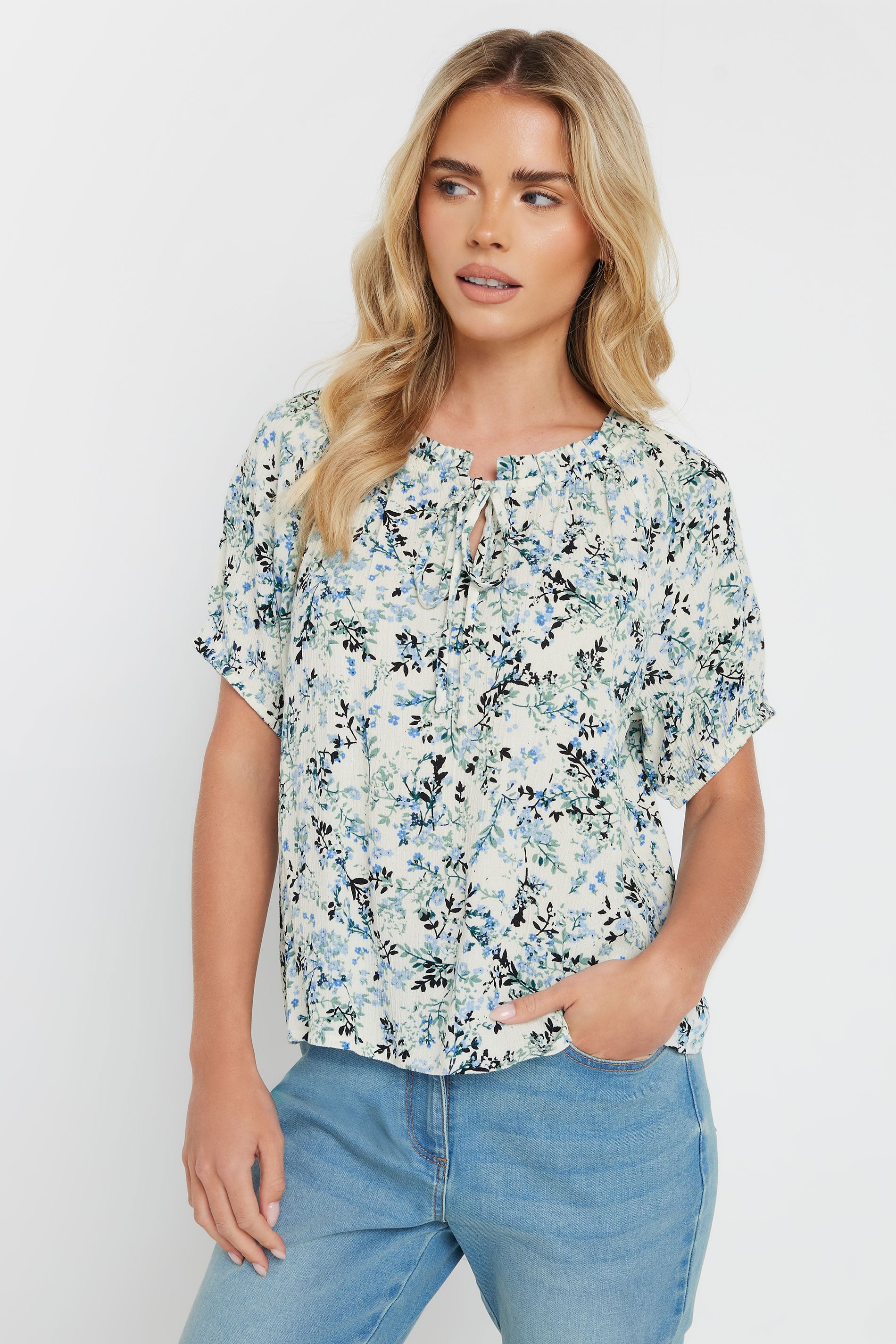 M&Co Petite White Floral Tie Neck Blouse | M&Co 3