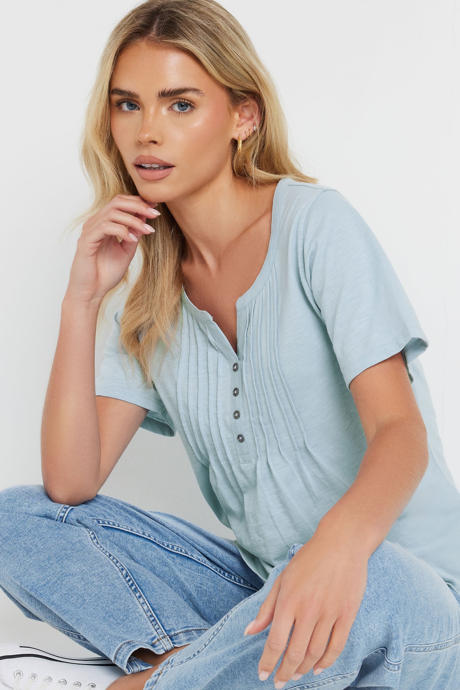 M&Co Petite Light Blue Cotton Short Sleeve Henley Top | M&Co 4