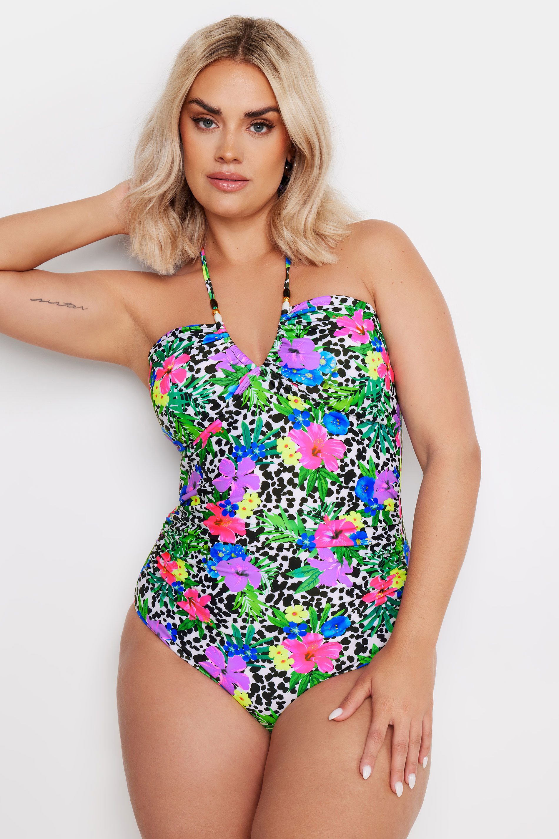 YOURS Plus Size White Floral Dalmatian Print Halter Neck Swimsuit | Yours Clothing 7