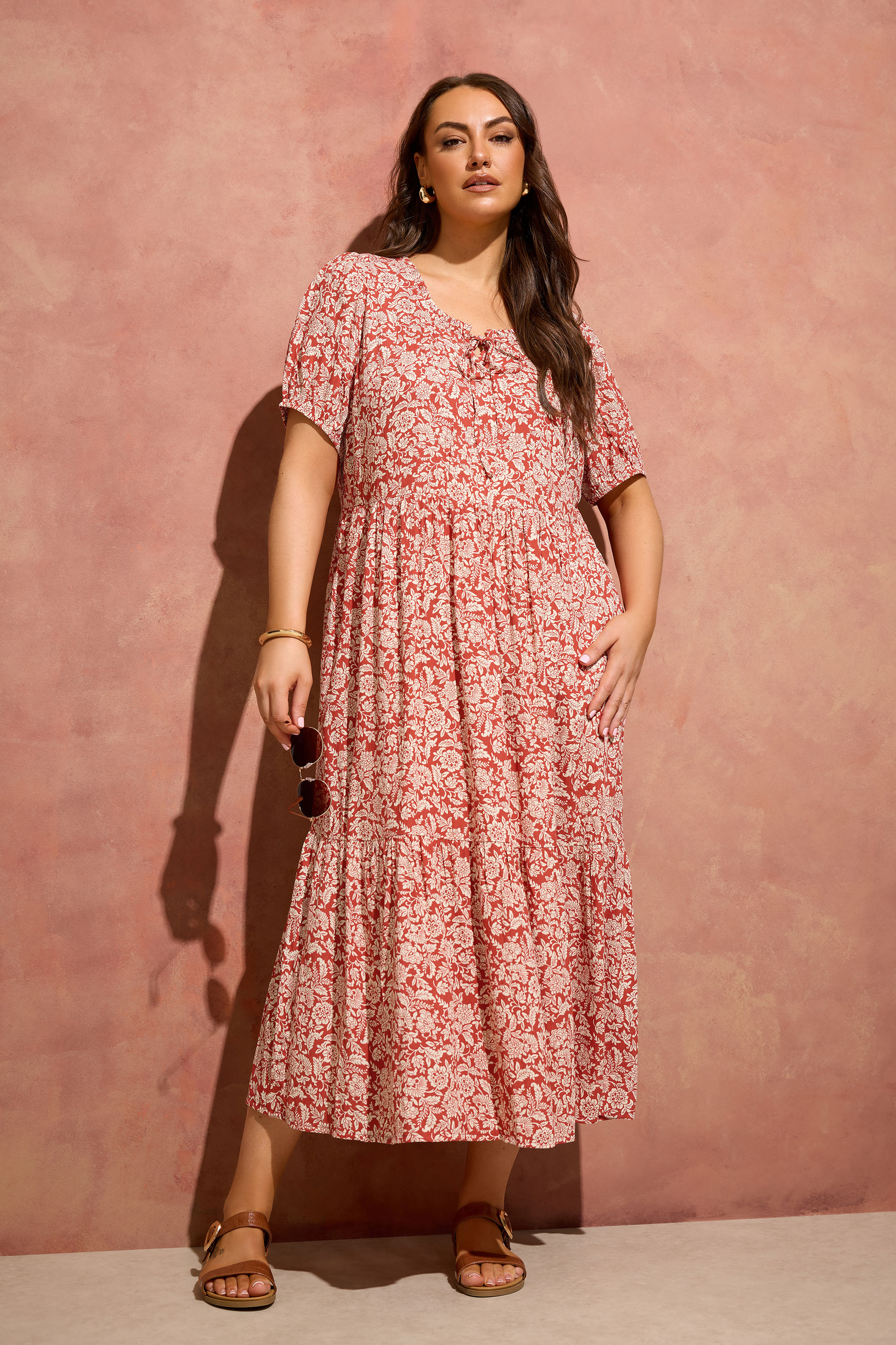 EVANS Plus Size Orange Ditsy Tie Neck Dress | Evans 3