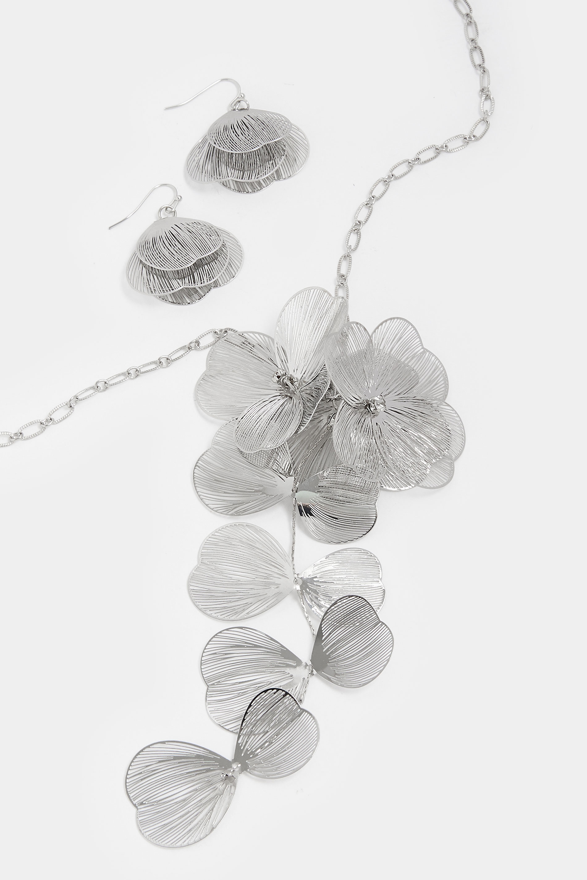 Silver Tone Long Flower Necklace & Earrings Set | Yours Clothing 2