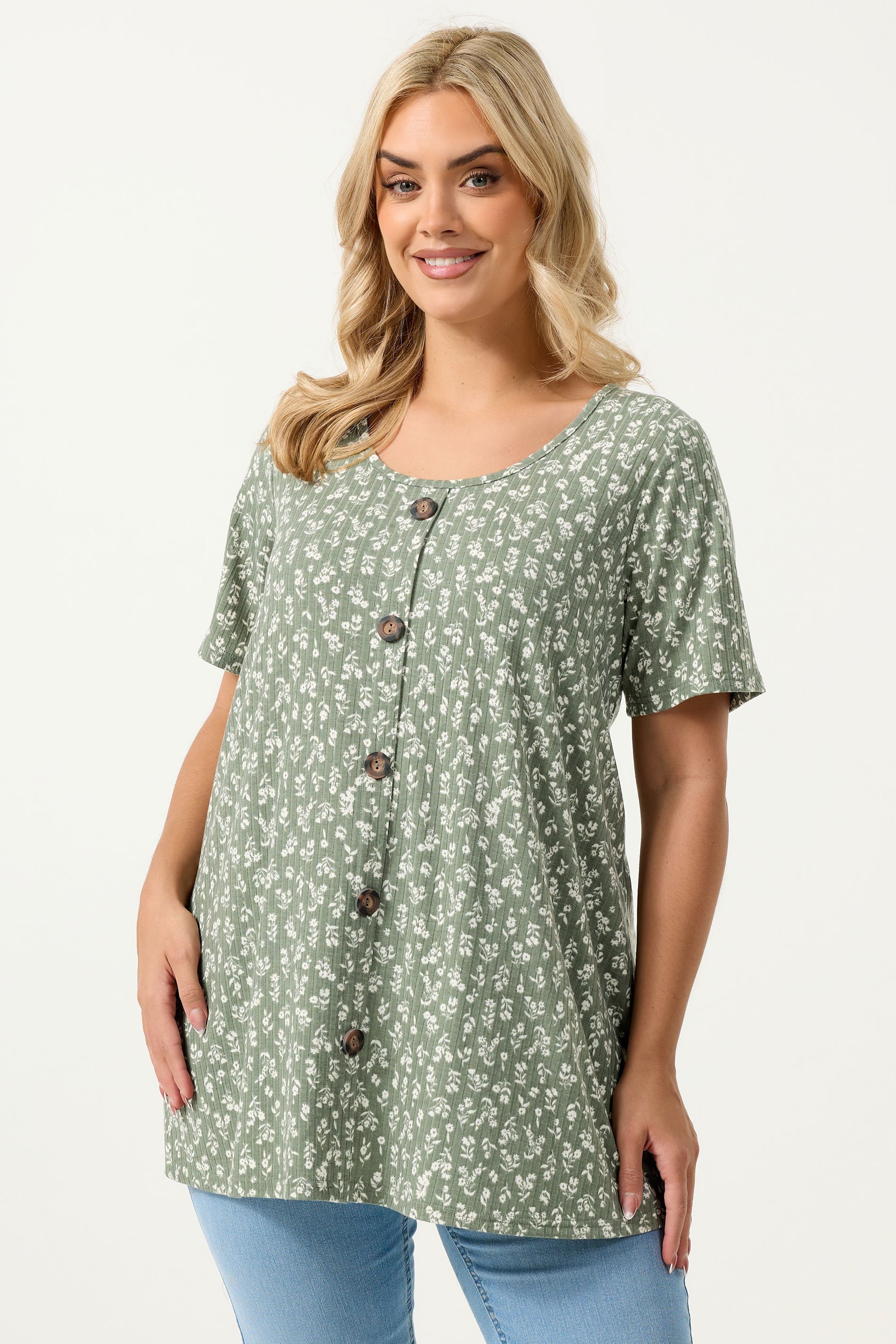 YOURS Plus Size Sage Green Floral Ribbed Swing Top | Yours Clothing 3