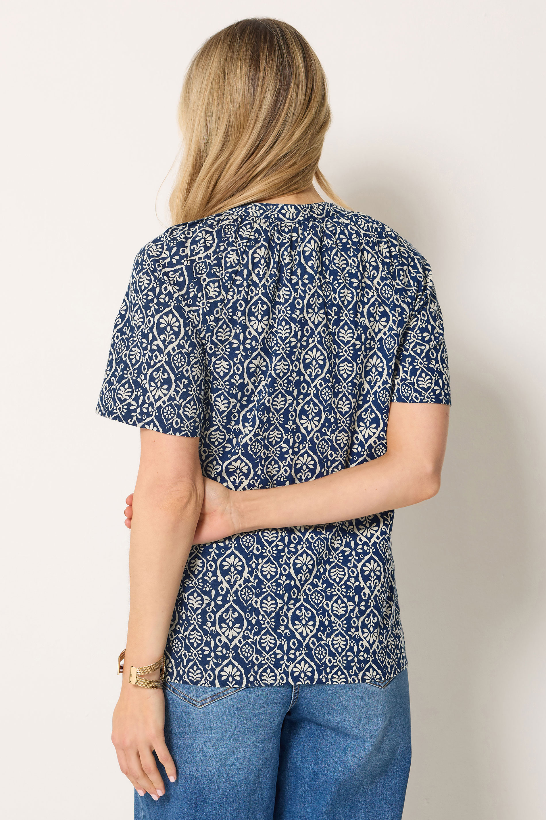 LTS Tall Navy Blue Geometric Placket Blouse | Long Tall Sally 2