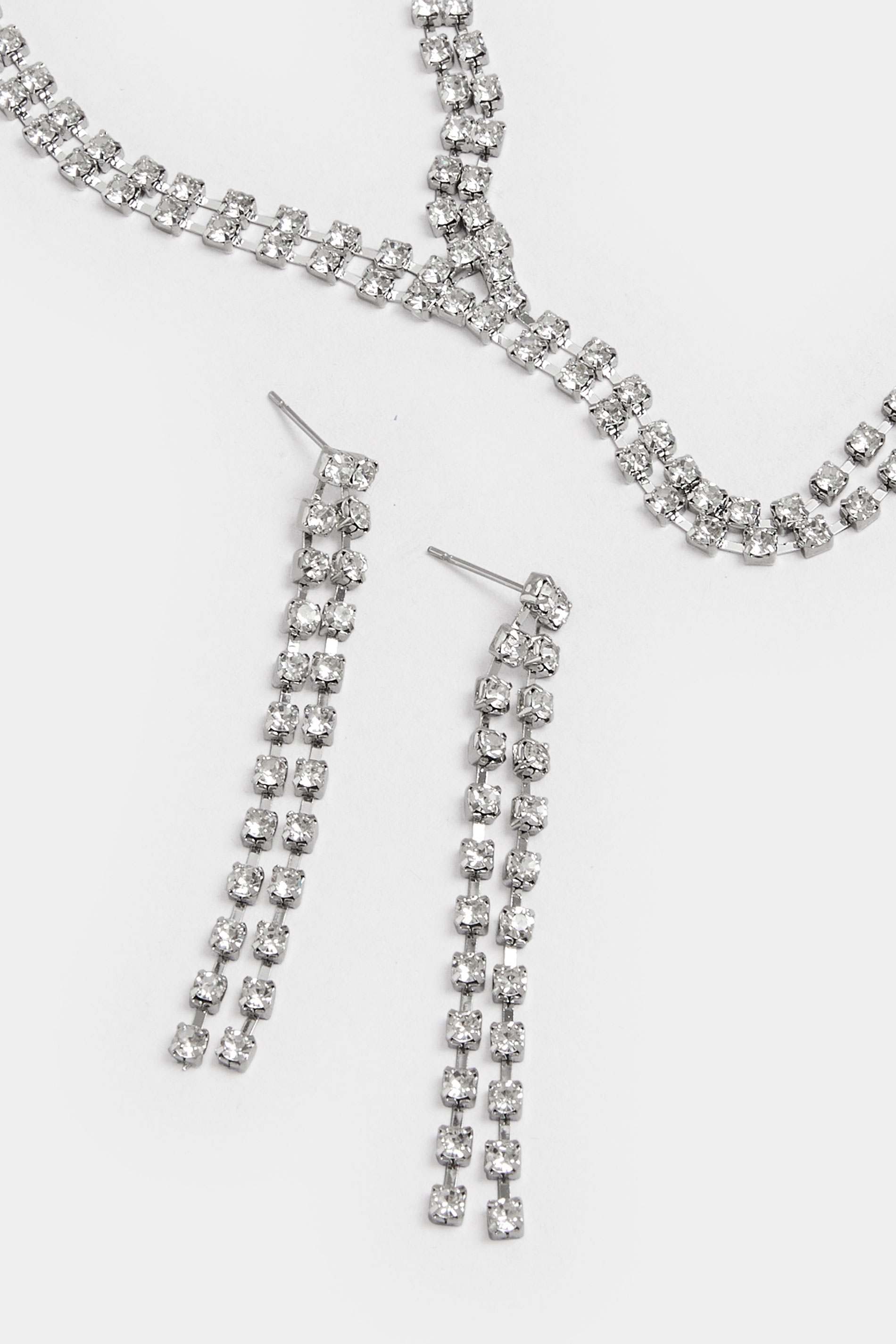 Silver Tone Diamante Long Necklace & Earrings Set | Yours Clothing 2