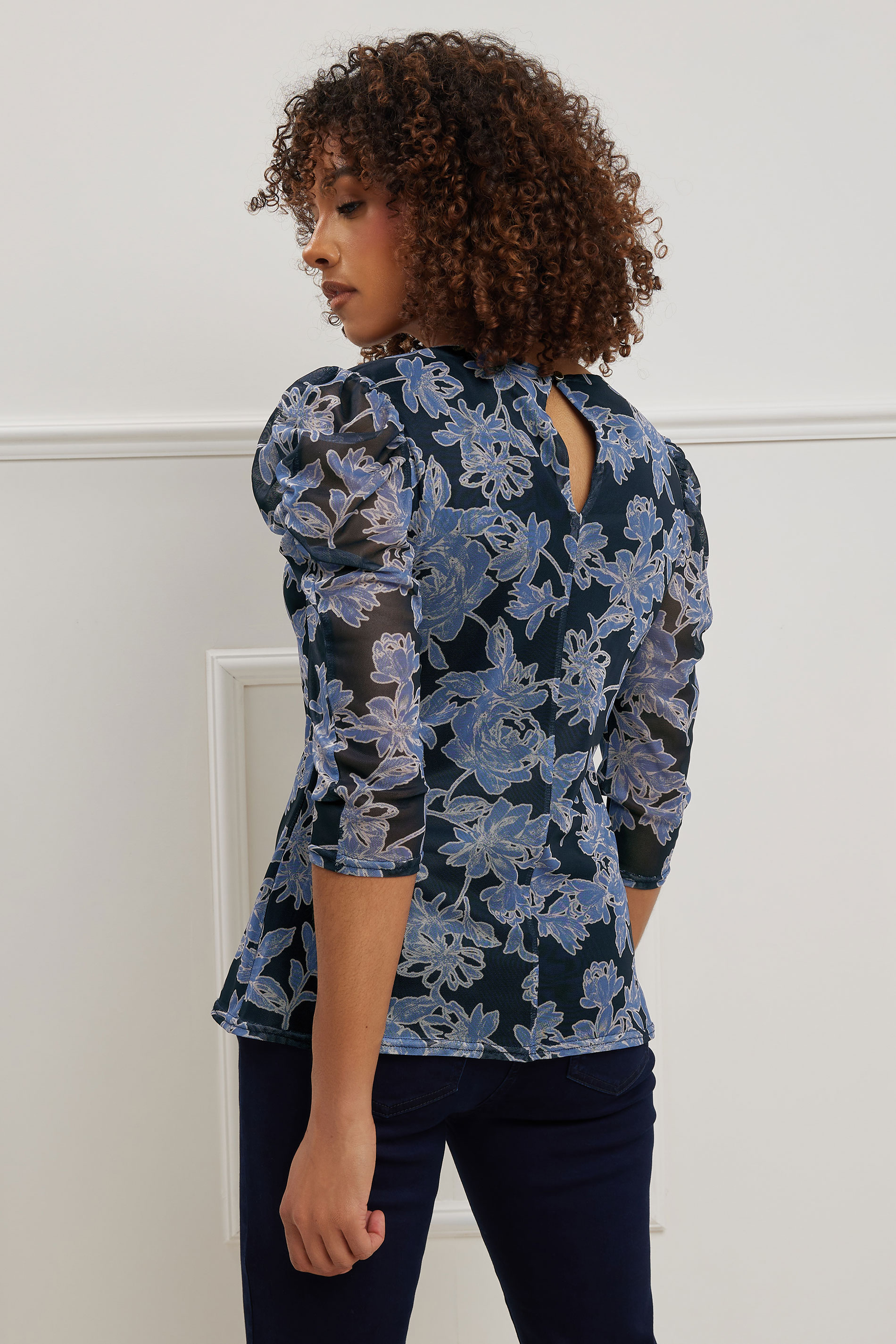 M&Co Navy Blue Floral Print Mesh Ruched Sleeve Top | M&Co 4