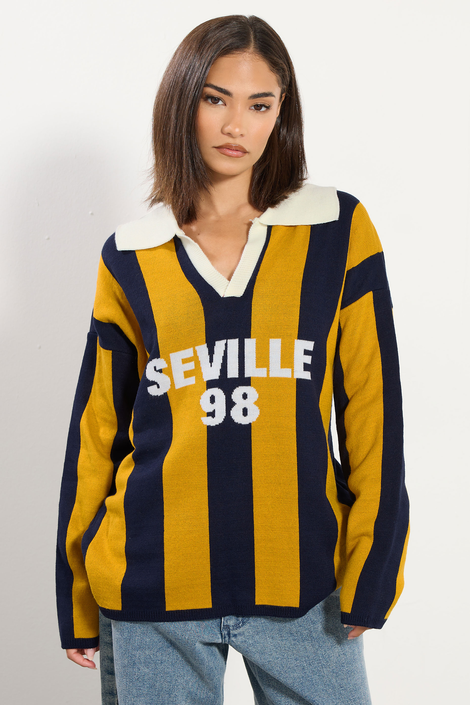 PixieGirl Petite Women's Blue 'Seville' Knitted Stripe Collar Jumper | PixieGirl 3