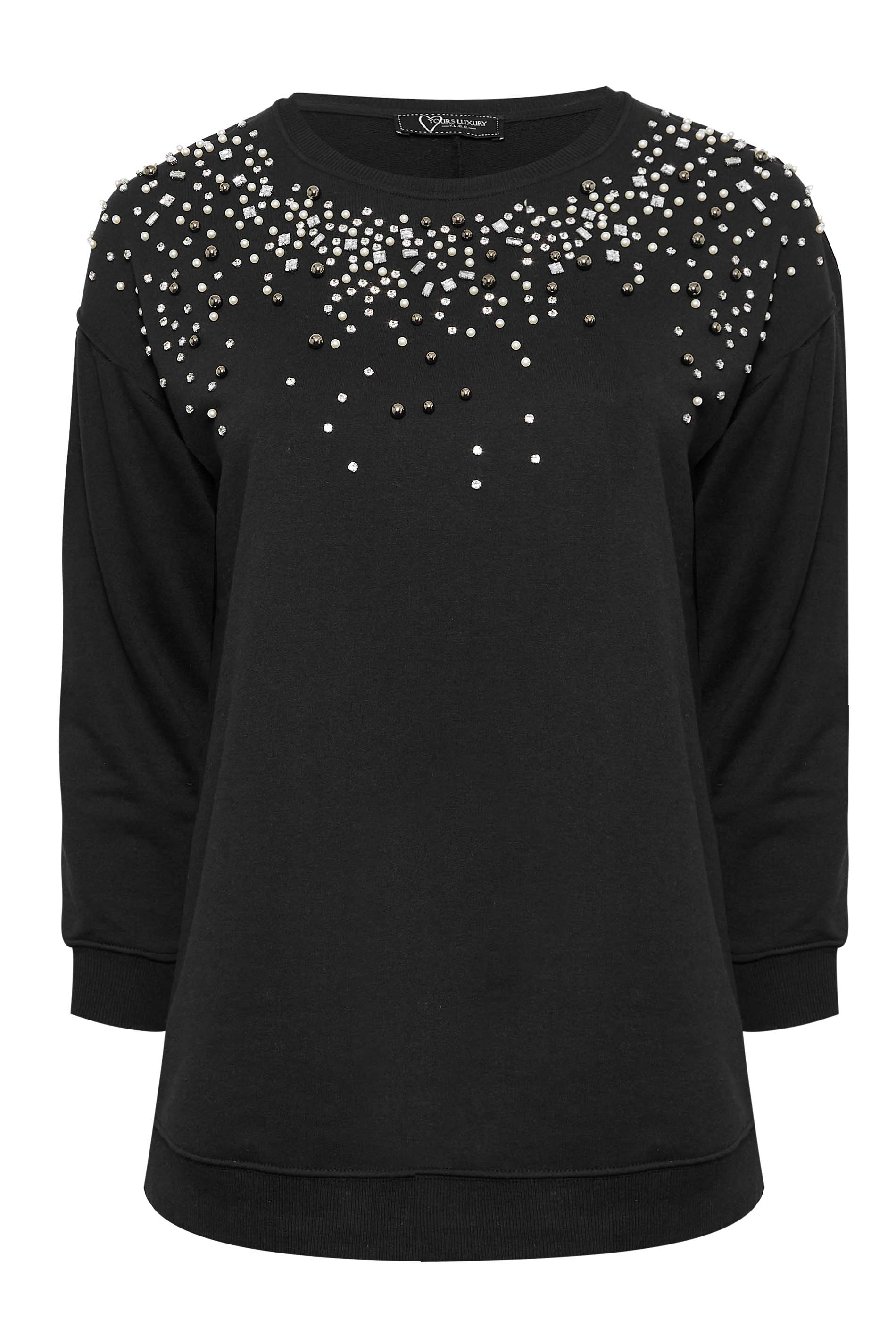 YOURS LUXURY Curve Black Diamante & Pearl Embellished Soft Touch Sweatshirt | Yours Clothing 2