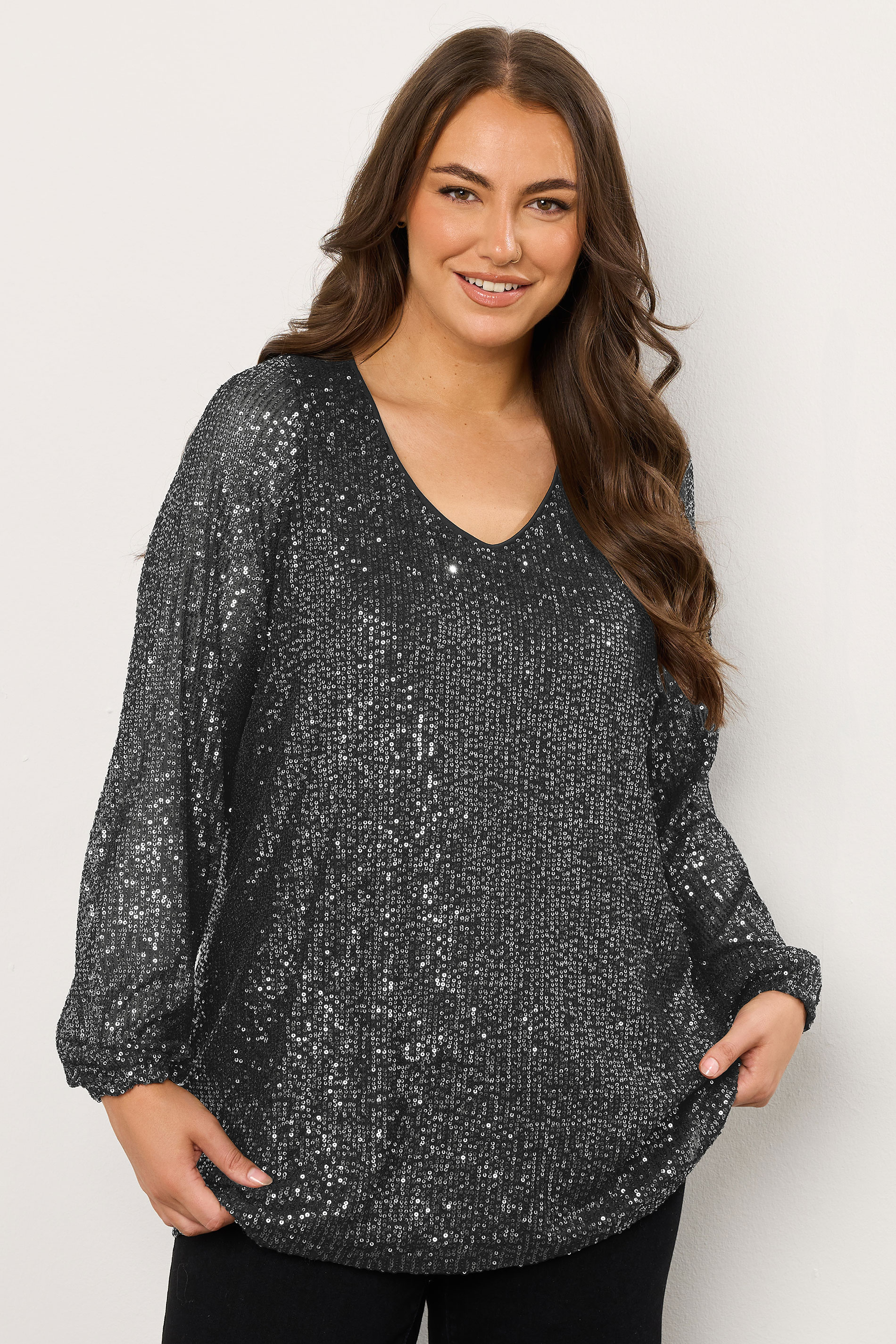 EVANS Plus Size Black Sequin Embellished Balloon Sleeve Top | Evans 3