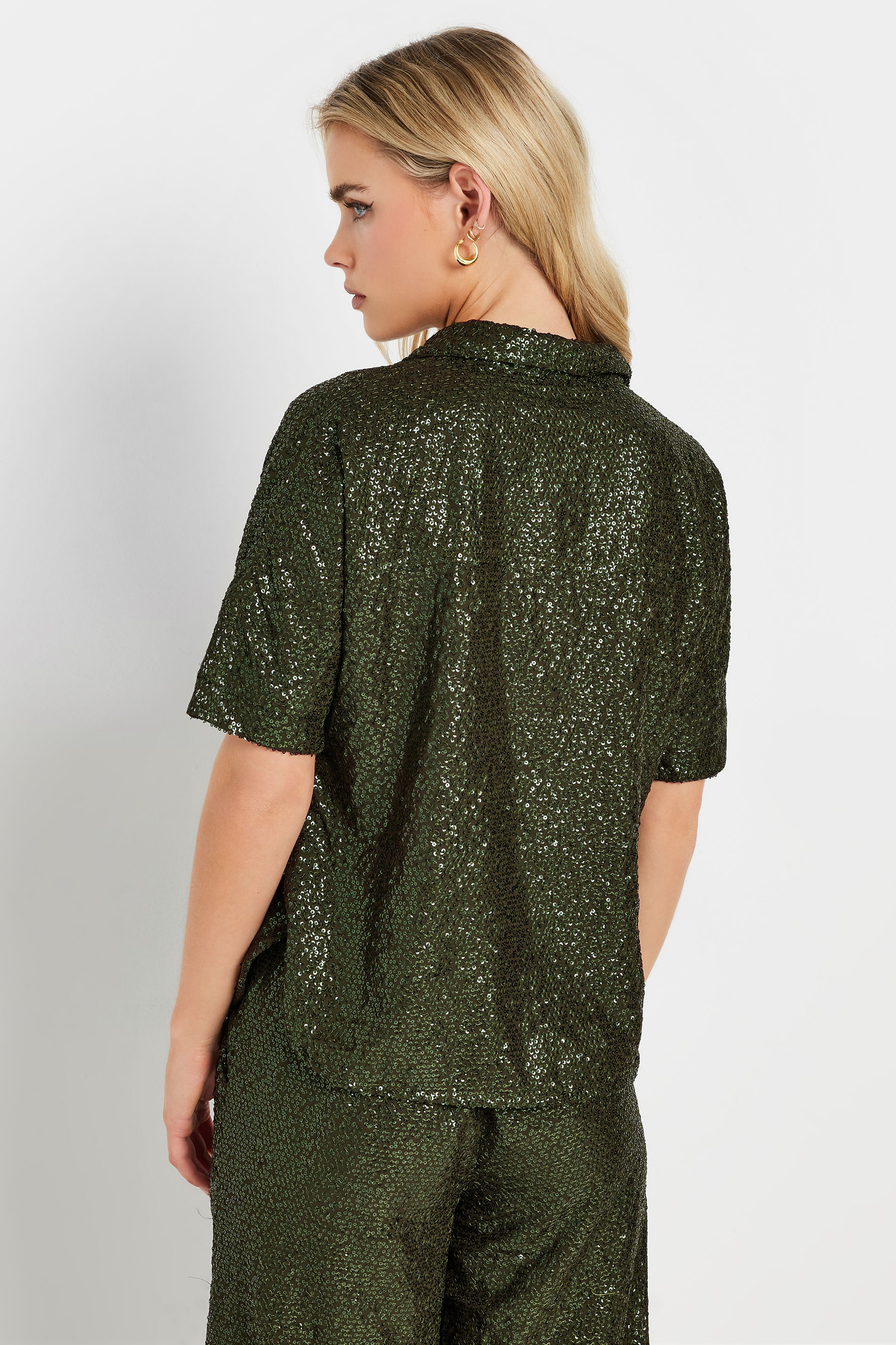 PixieGirl Petite Women's Khaki Green Sequin Embellished Short Sleeve Shirt | PixieGirl 4