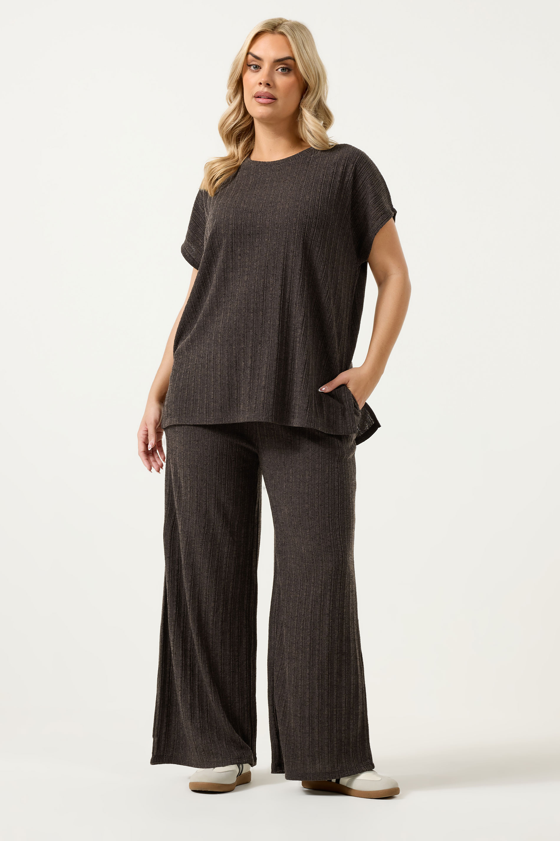 YOURS Plus Size Chocolate Brown Knitted Wide Leg Trousers | Yours Clothing 3