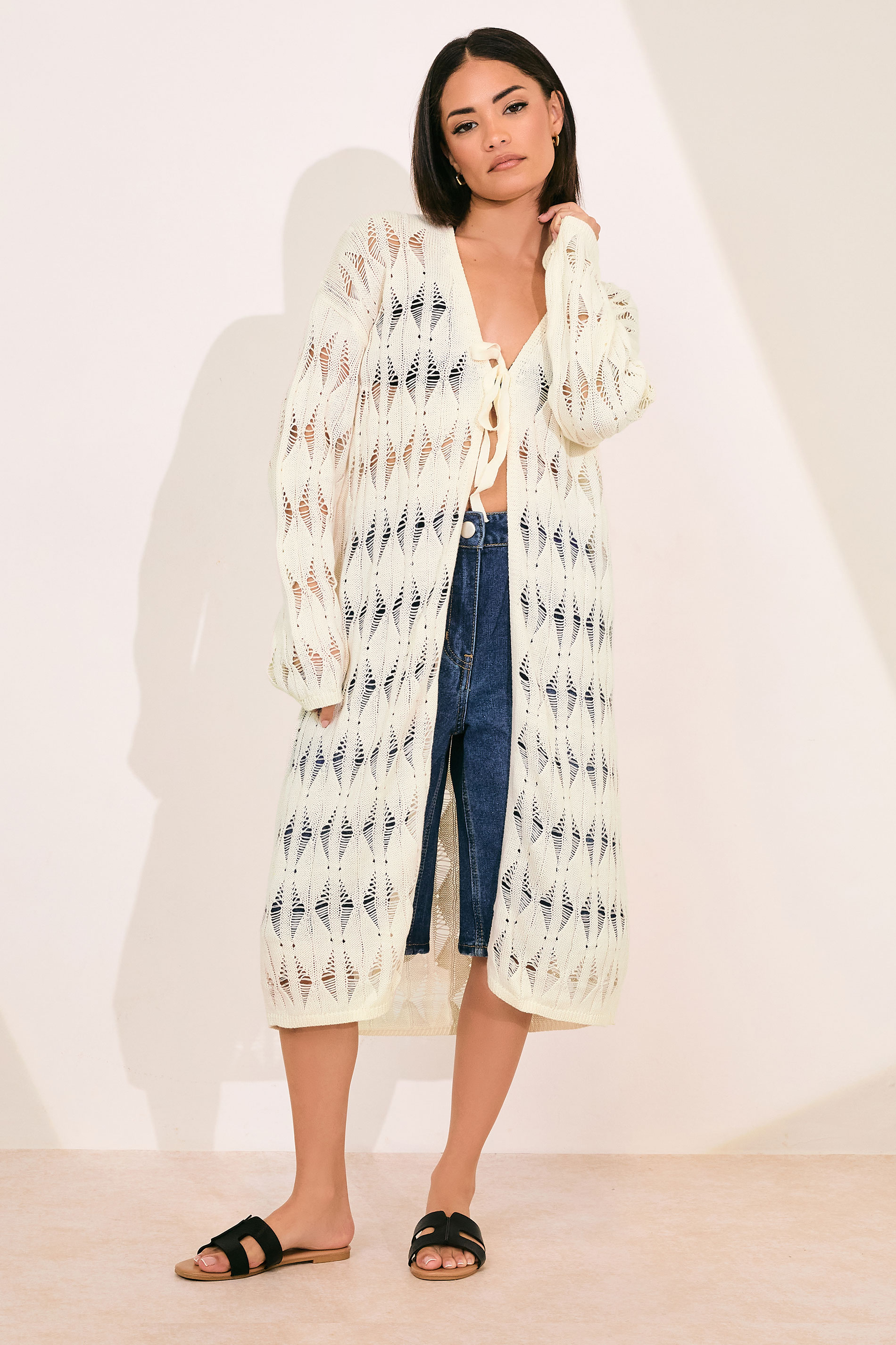 PixieGirl Petite Women's Ivory White Crochet Maxi Tie Cardigan | PixieGirl 2