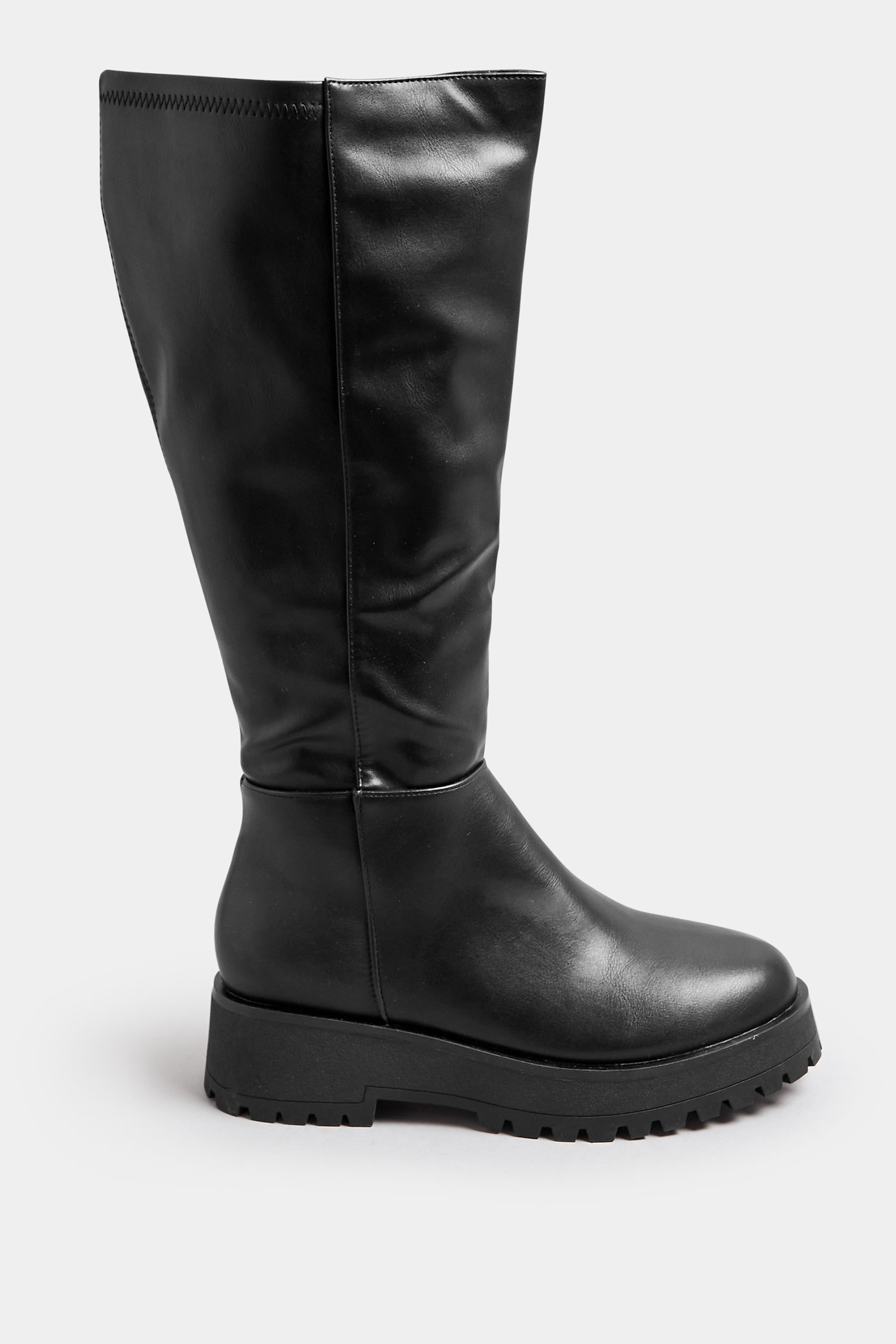 Black Faux Leather Chunky Knee High Boots In Wide E Fit & Extra Wide EEE Fit | Yours Clothing 2