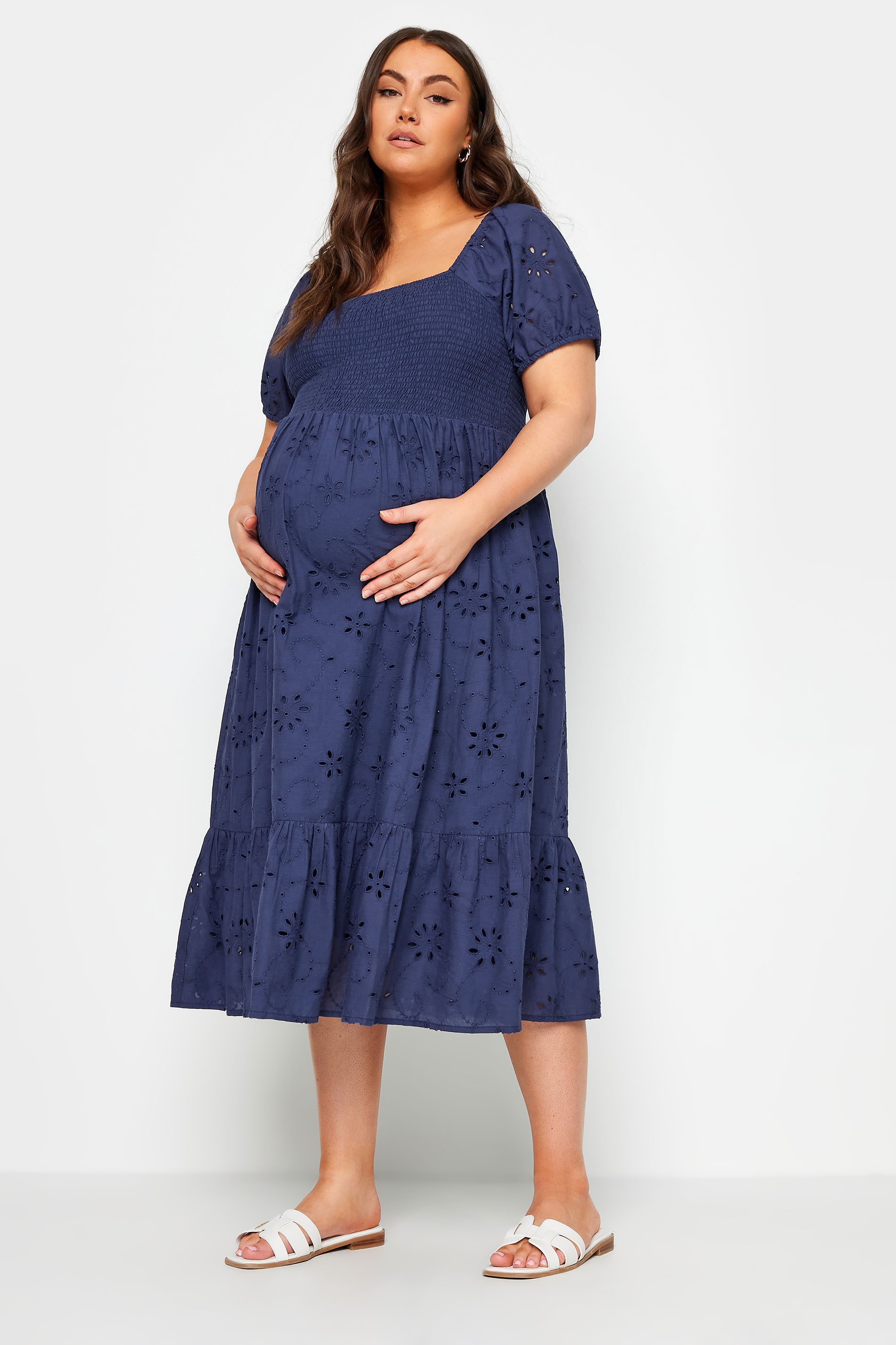 BUMP IT UP MATERNITY Plus Size Navy Blue Cotton Broderie Midi Dress | Yours Clothing 1