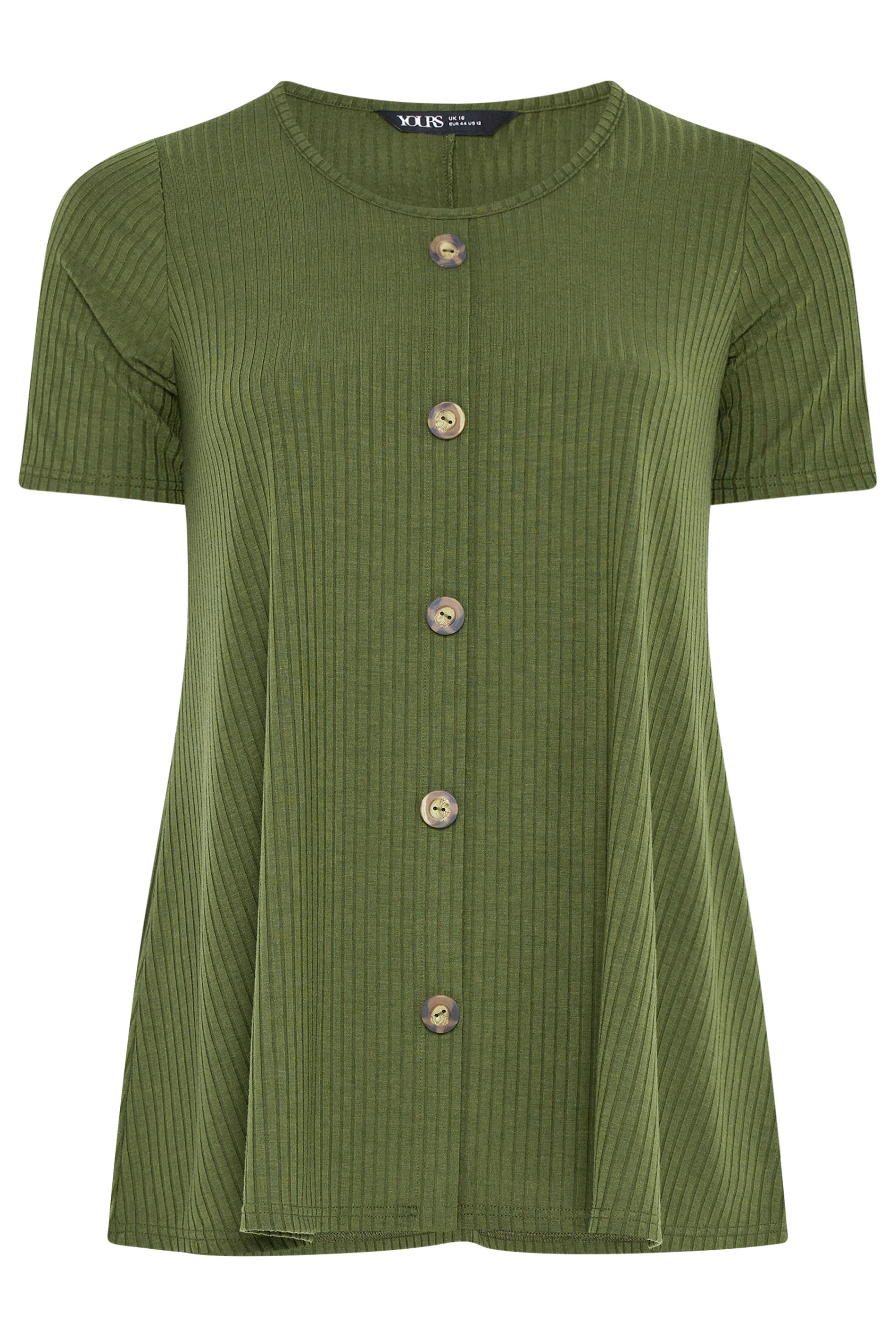 YOURS Plus Size Khaki Green Button Front Ribbed Swing Top | Yours Clothing 5