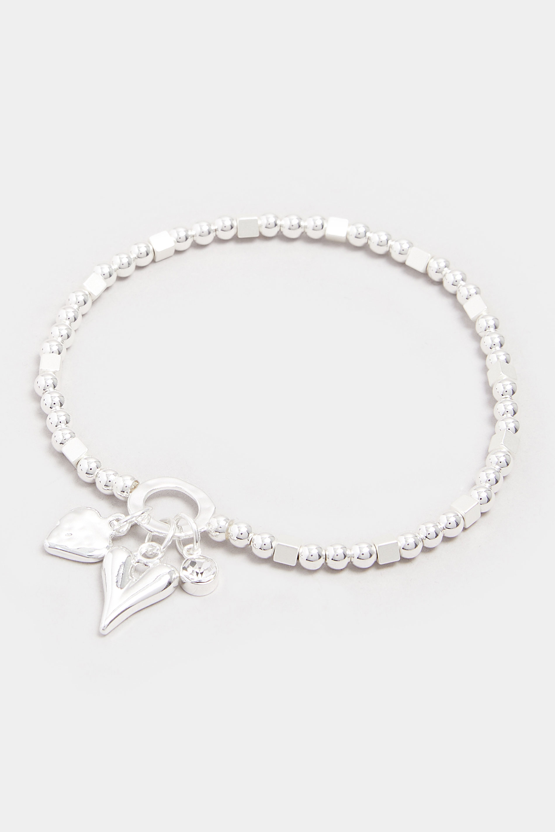 Silver Tone Beaded Heart Charm Stretch Bracelet | Yours Clothing 3