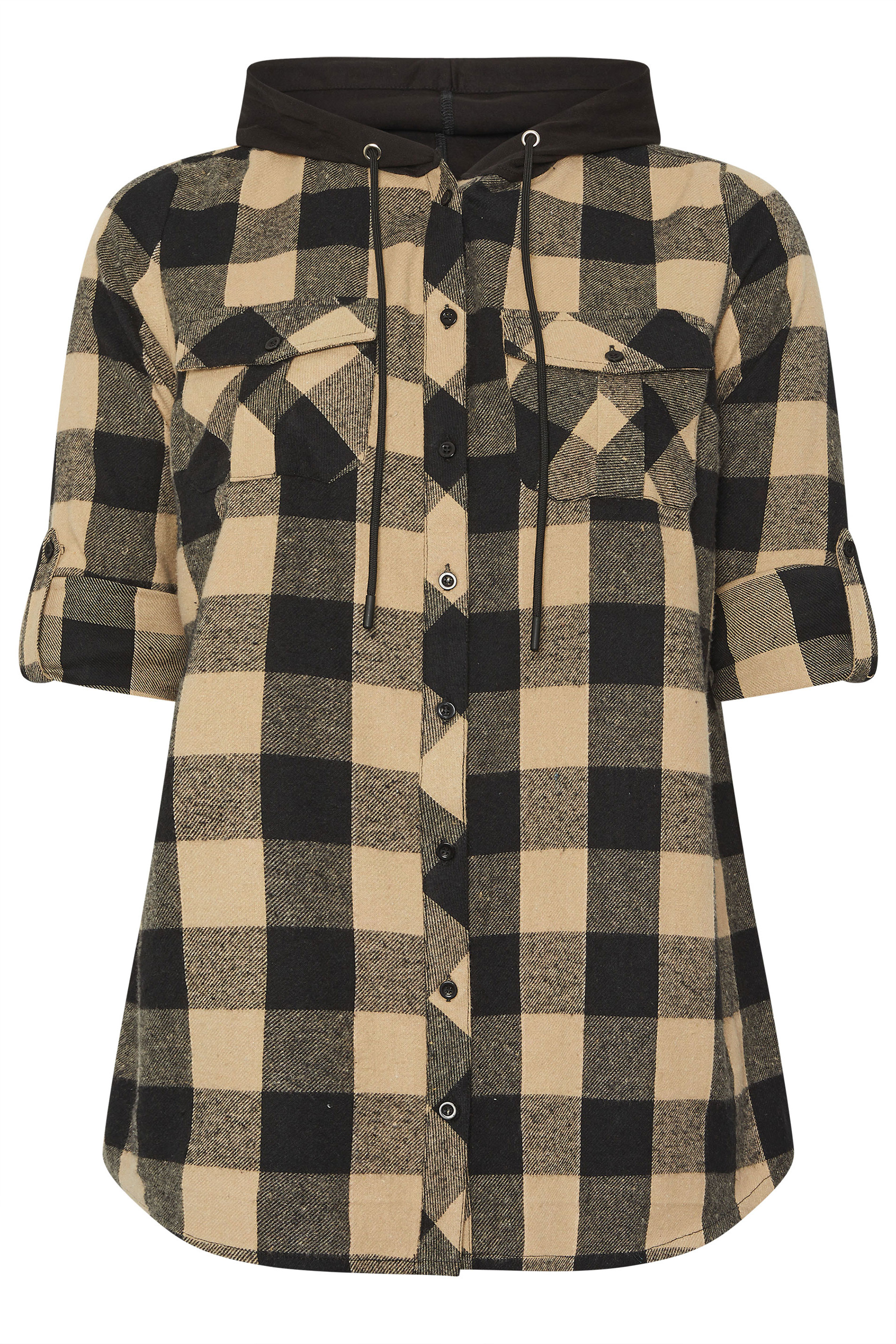 YOURS Plus Size Natural Brown Hooded Check Shirt | Yours Clothing 5