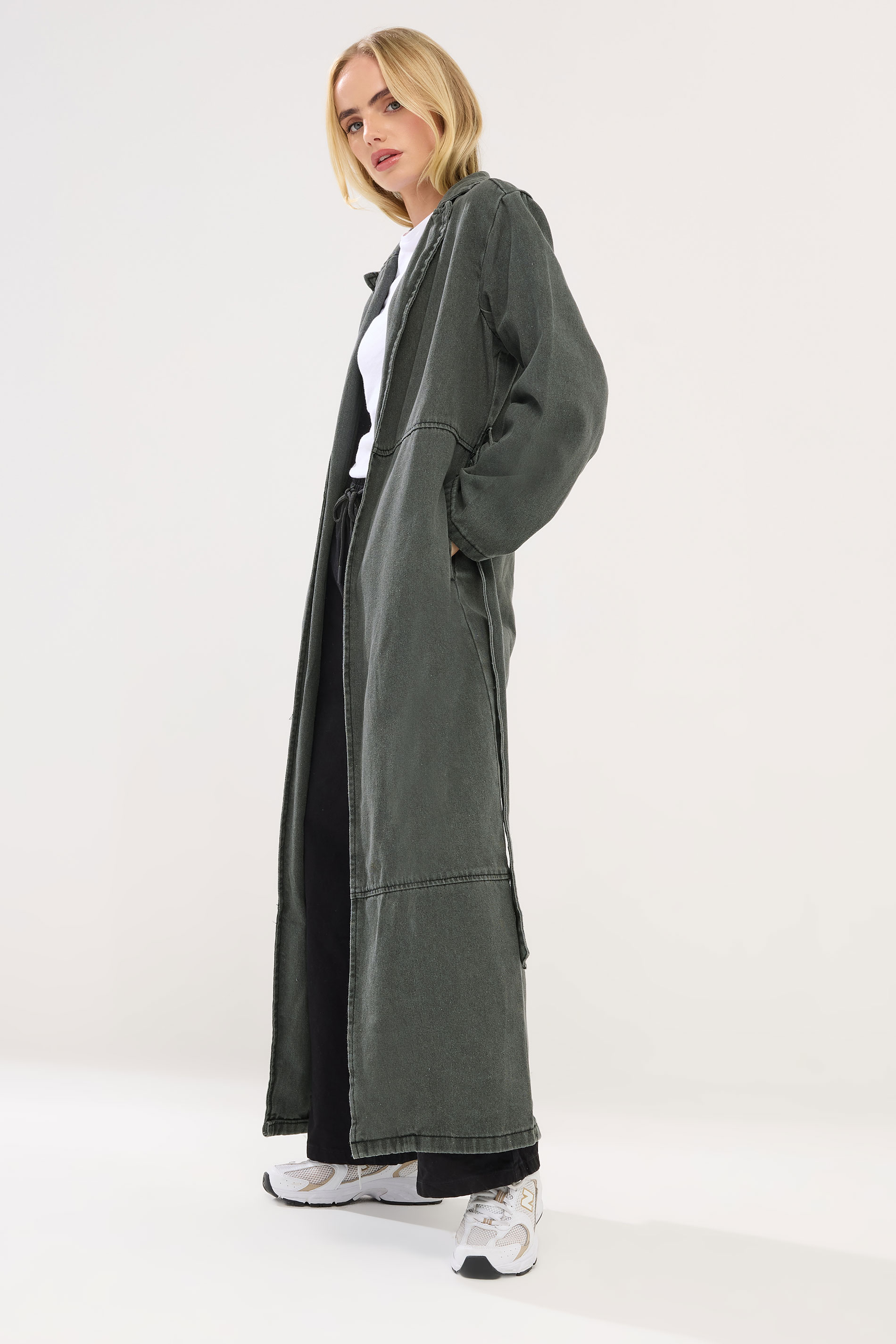 PixieGirl Petite Women's Grey Wash Denim Longline Cotton Trench Coat | PixieGirl 2