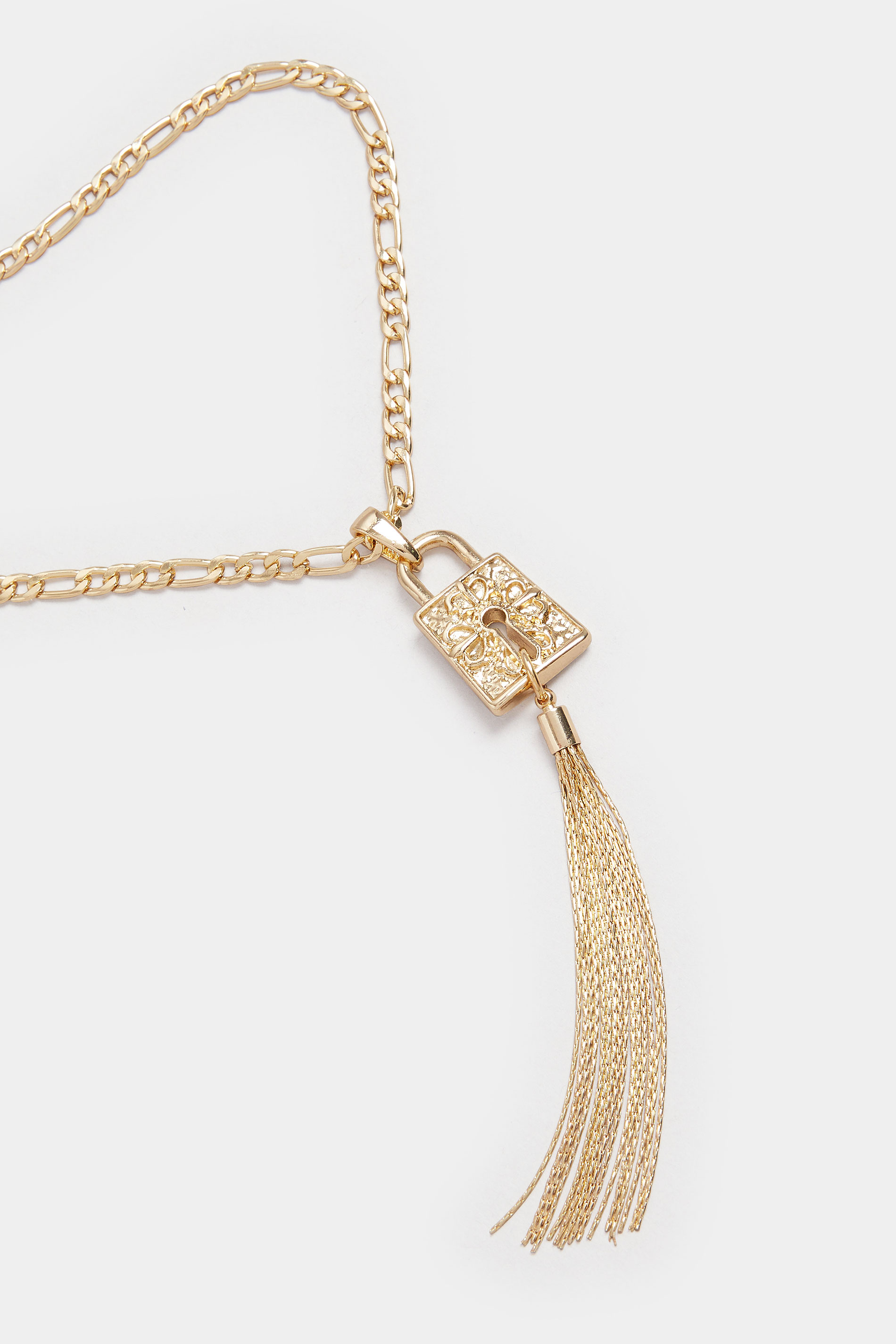Gold Tone Long Padlock Tassel Necklace | Yours Clothing 2