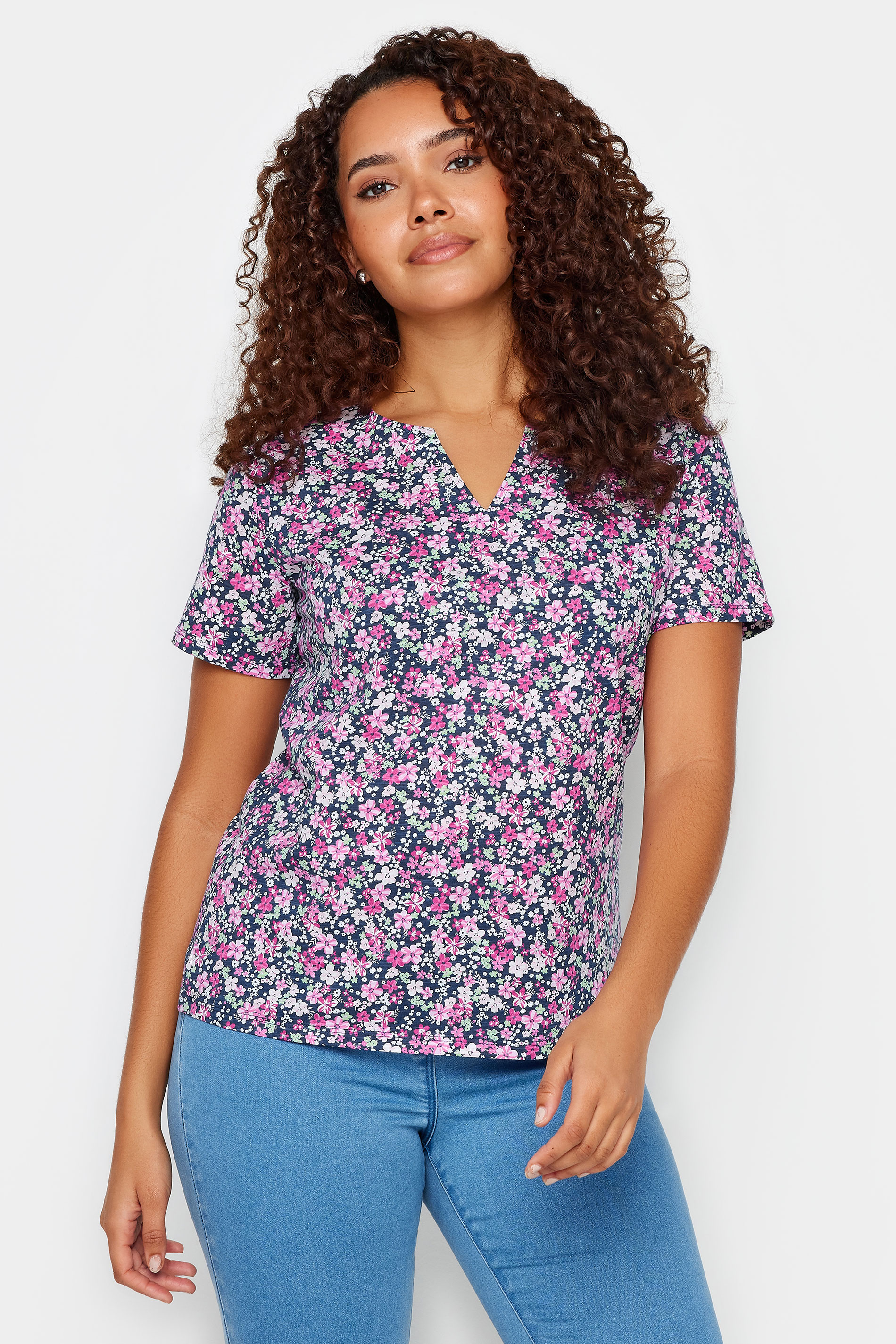 M&Co Pink Ditsy Floral Print Notch Neck Cotton T-Shirt | M&Co 1