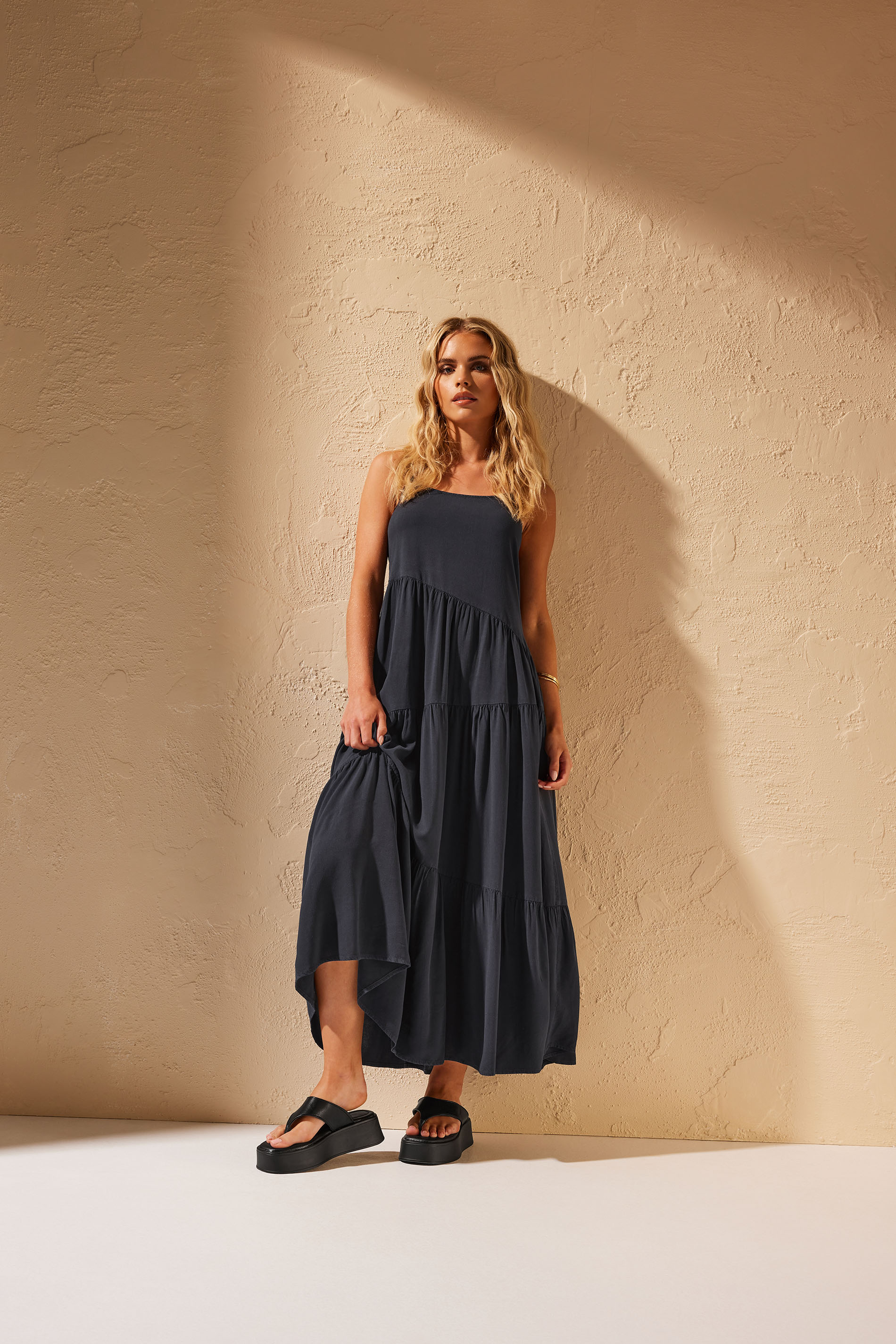 PixieGirl Petite Women's Black Asymmetric Tiered Maxi Dress | PixieGirl 1