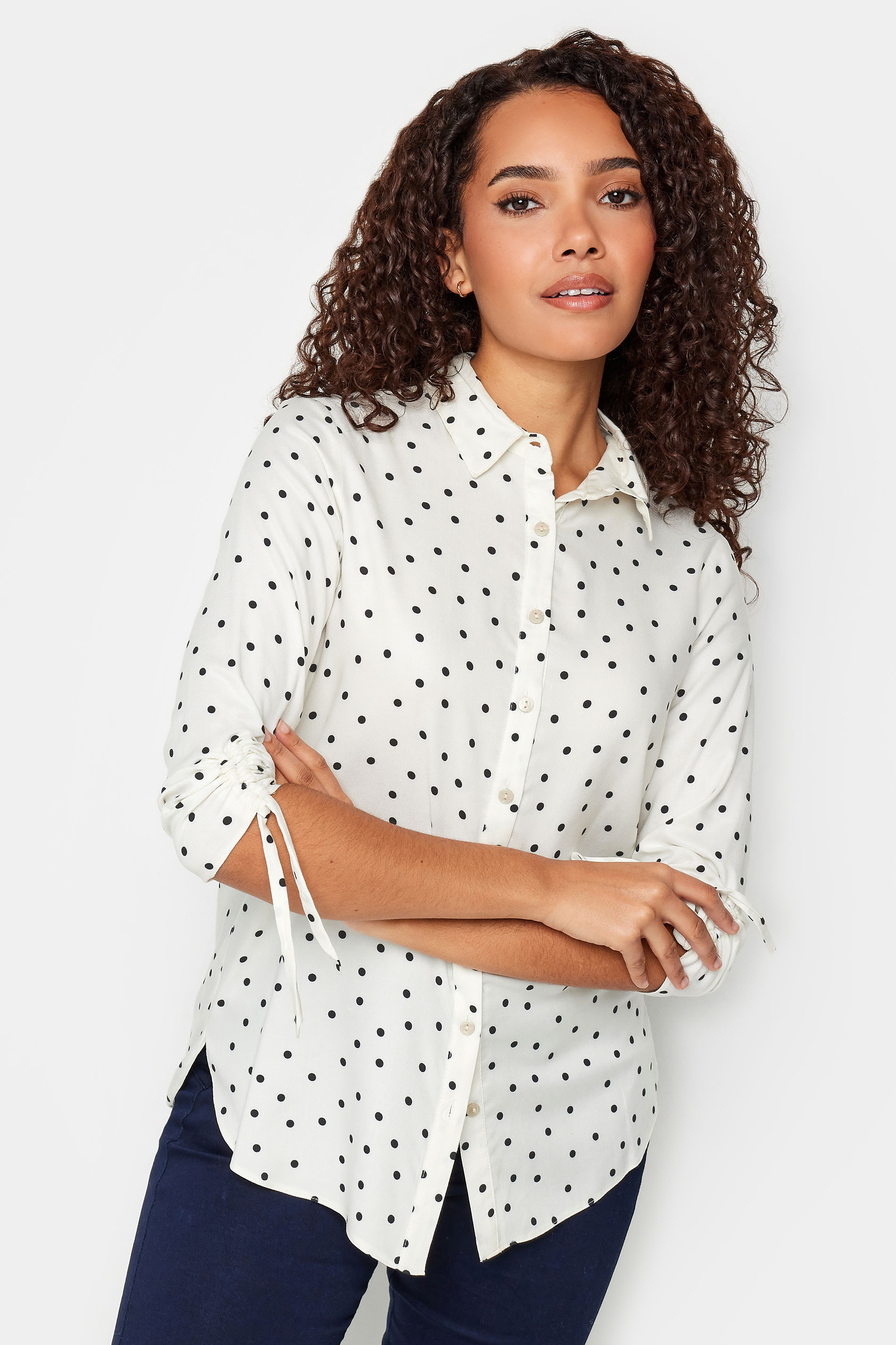 M&Co White Polka Dot Print Ruched Sleeve Shirt | M&Co 1