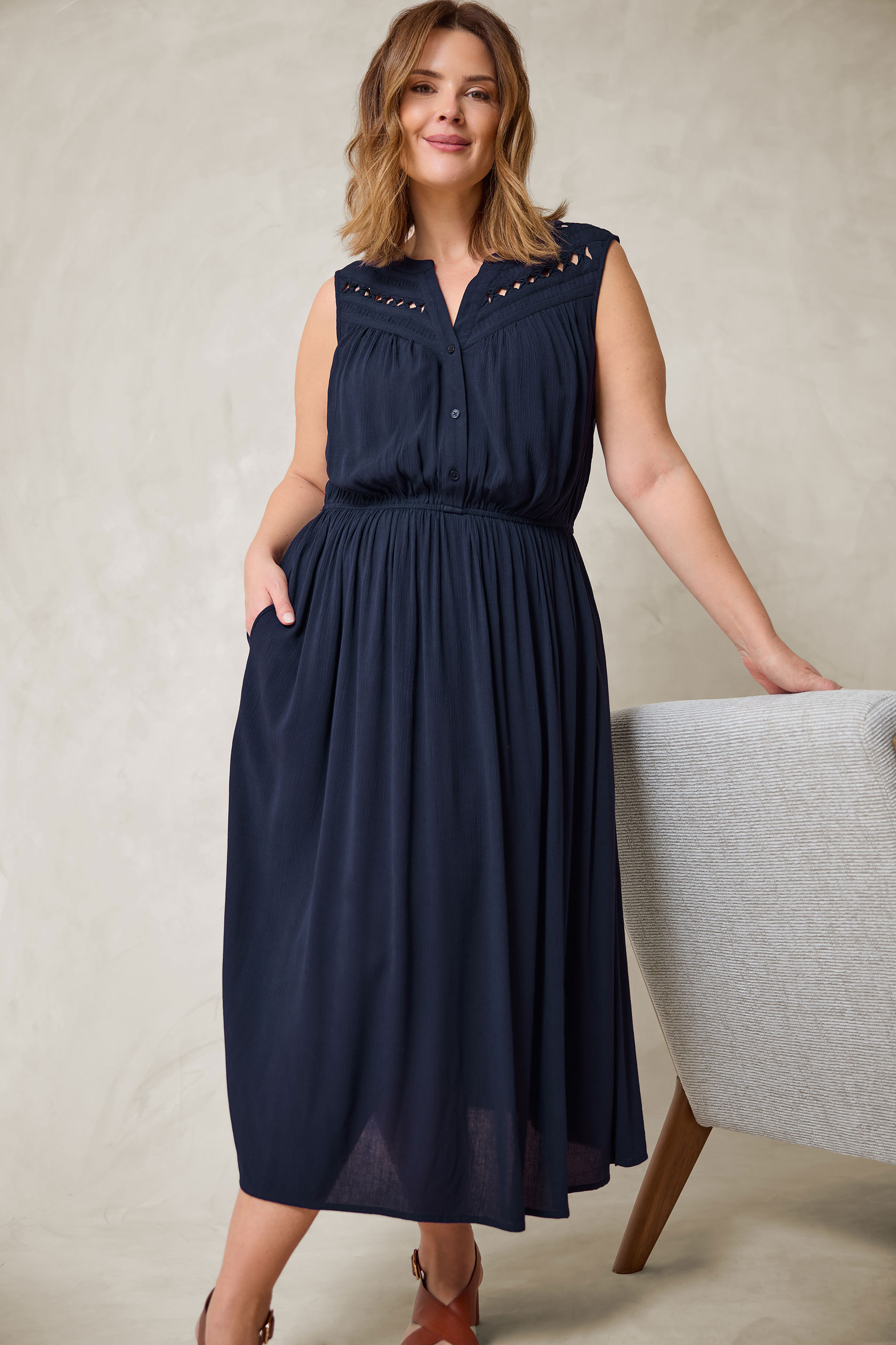 EVANS Plus Size Navy Blue Sleeveless Macrame Midi Dress | Evans 1