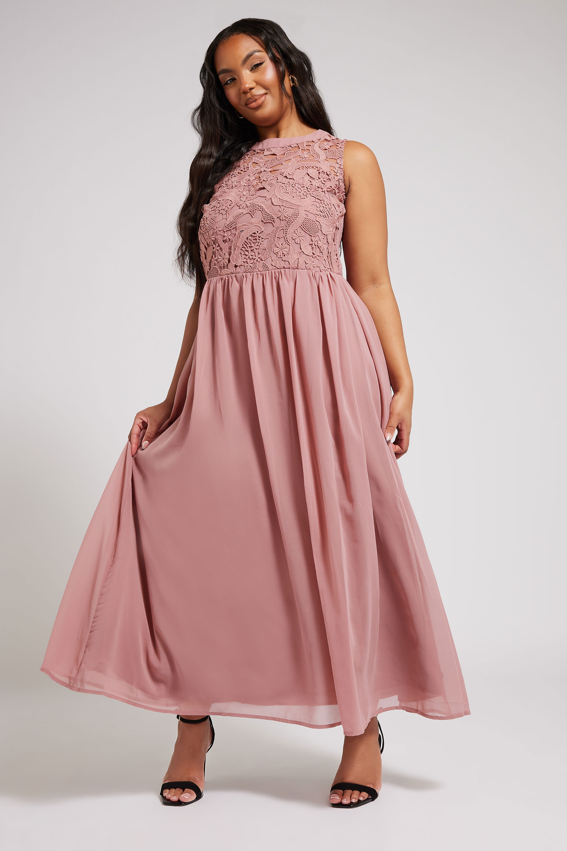 YOURS LONDON Plus Size Pink Lace Detail Chiffon Maxi Dress | Yours Clothing 3