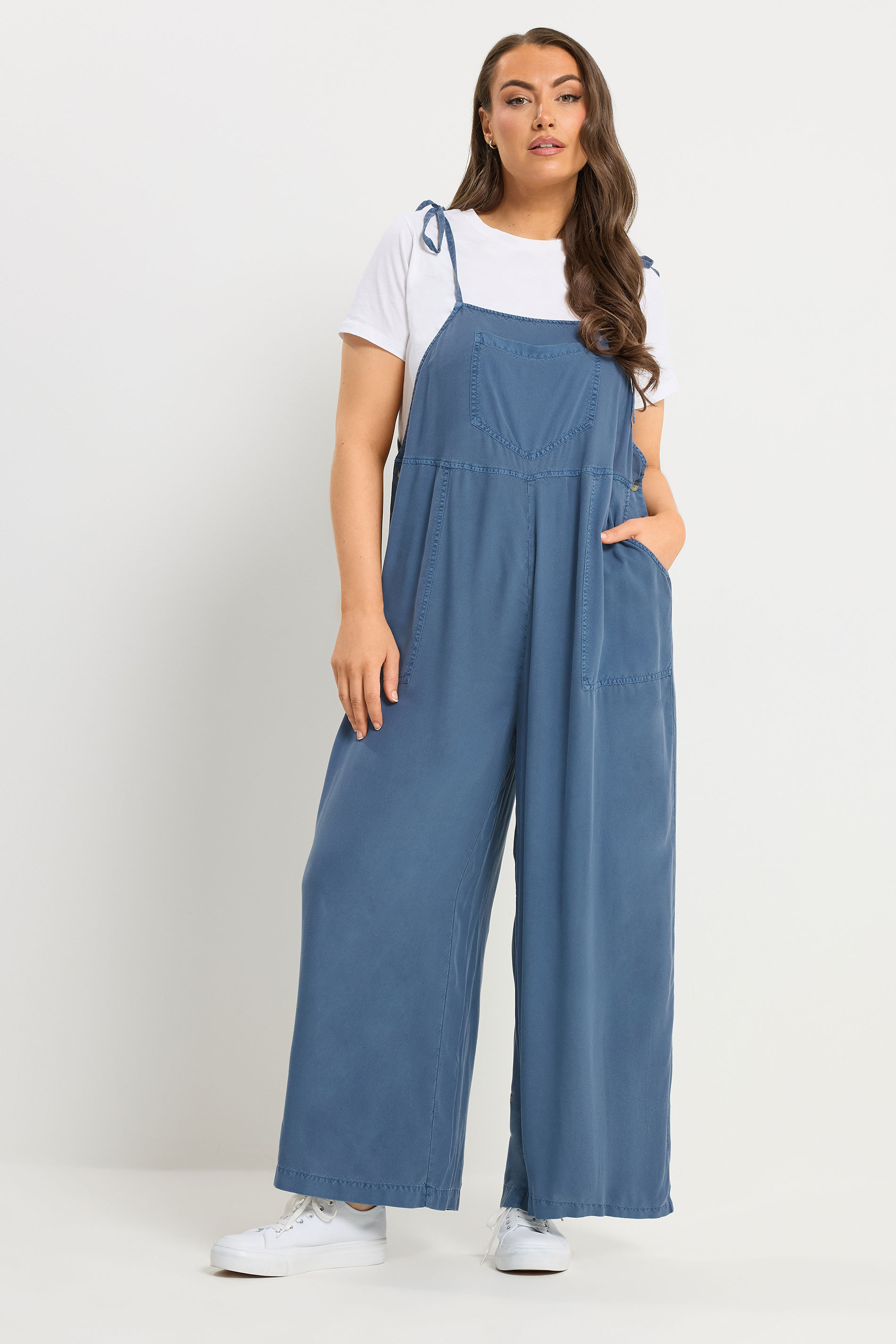 YOURS Plus Size Blue Chambray Wide Leg Dungarees | Yours Clothing 1