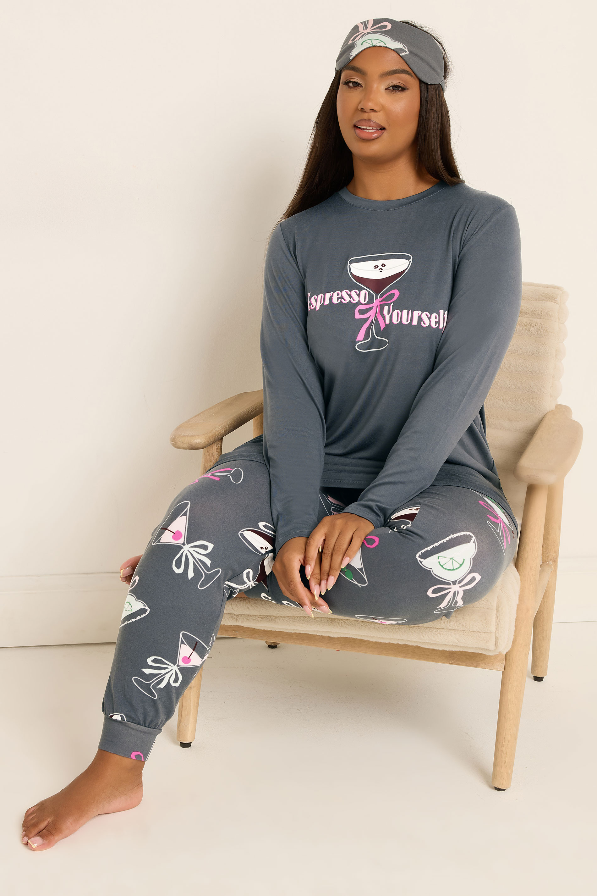 YOURS Plus Size Grey 'Espresso Yourself' Soft Touch Pyjama & Eye Mask Set | Yours Clothing 1