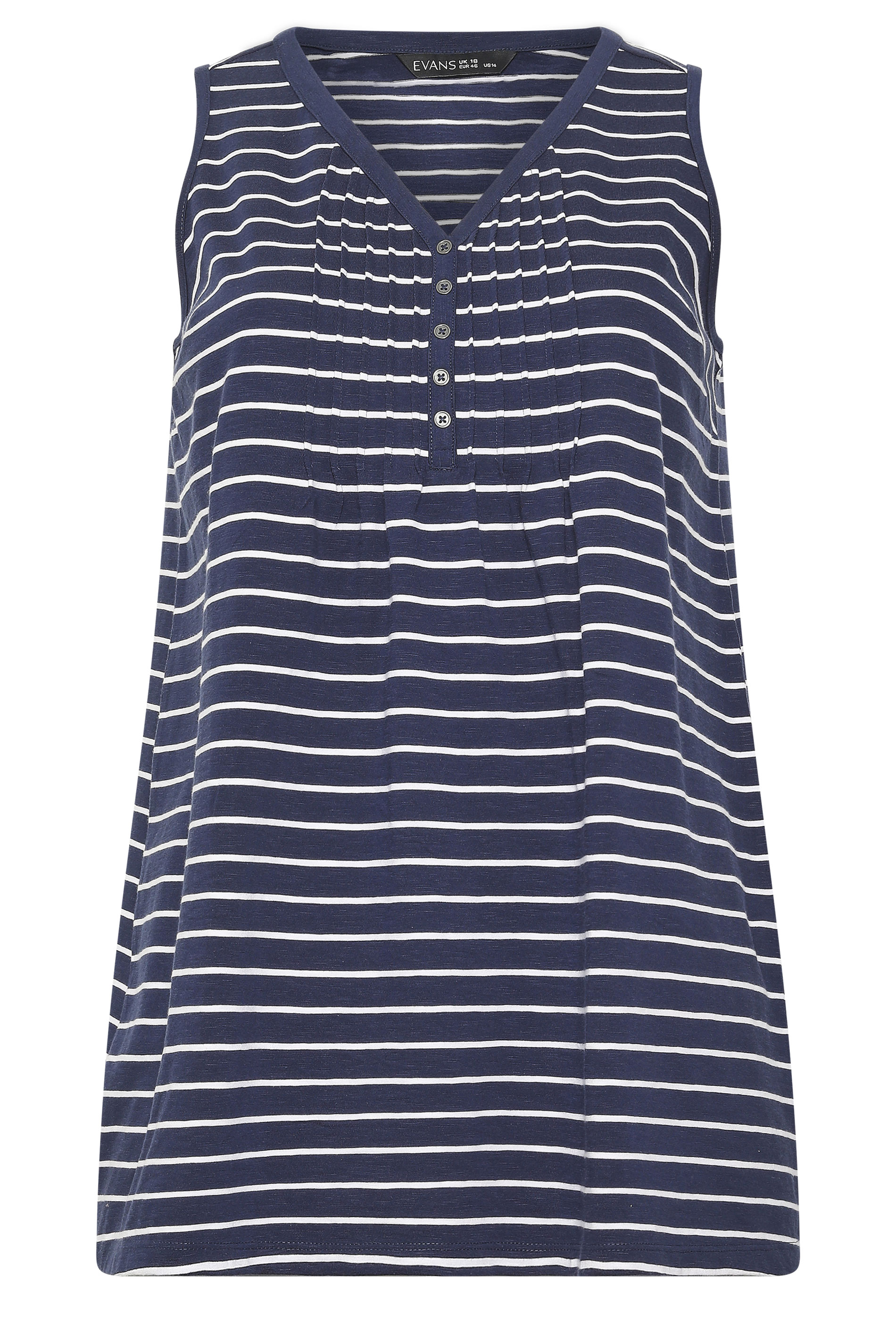 EVANS Plus Size Navy Blue Stripe Cotton Henley Vest Top | Evans 5
