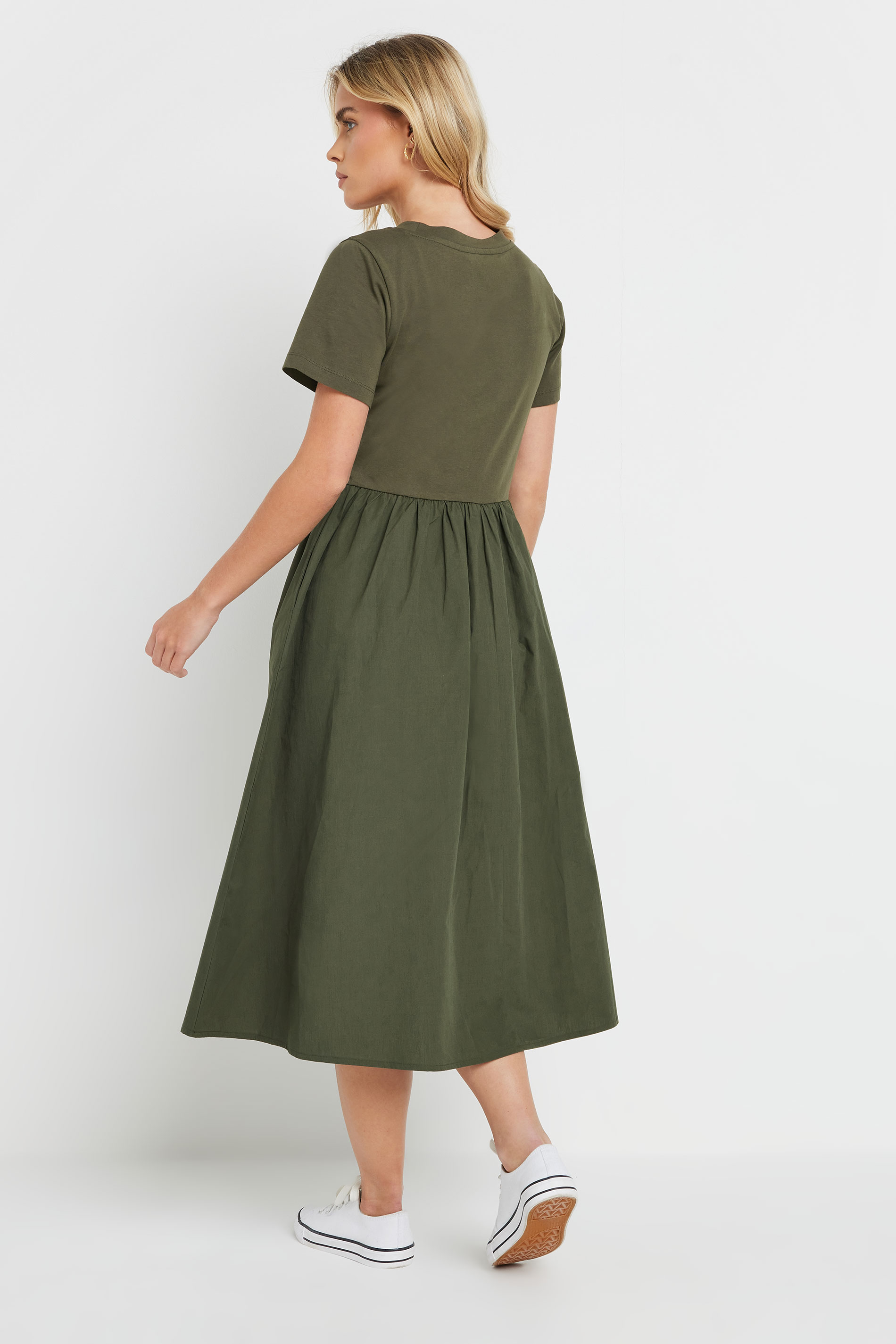 M&Co Petite Khaki Green Short Sleeve Cotton Midi Dress | M&Co 2